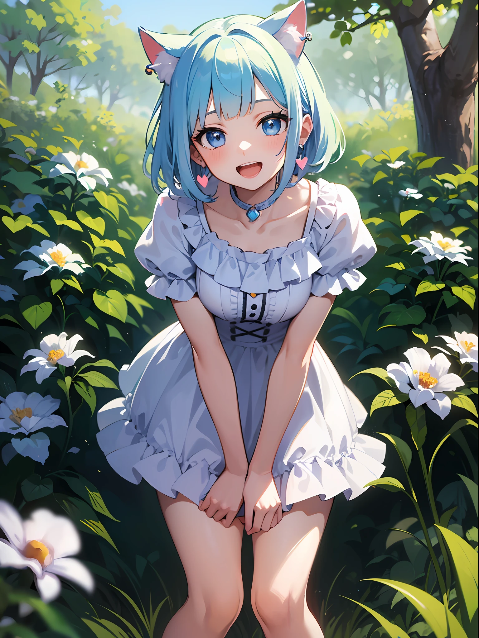 (masterpiece:1.3), (best quality:1.3), high resolution,
couboy shot,
leaning forward,
(one cute girl:1.3), solo,
white skin, small Breast, eight-headed person,
light blue hair, (bobbed hair:1.2), (short hair:1.2), (blunt bangs:1.2), beautiful hair, blue eyes, beautiful detailed eyes,
blush, open mouth, heart, cheerful smile,
blue check skirt, cat ears, one piece dress, frill, white and blue clothes, earrings,
outdoors, flower garden, natural park,
shadowlighting,