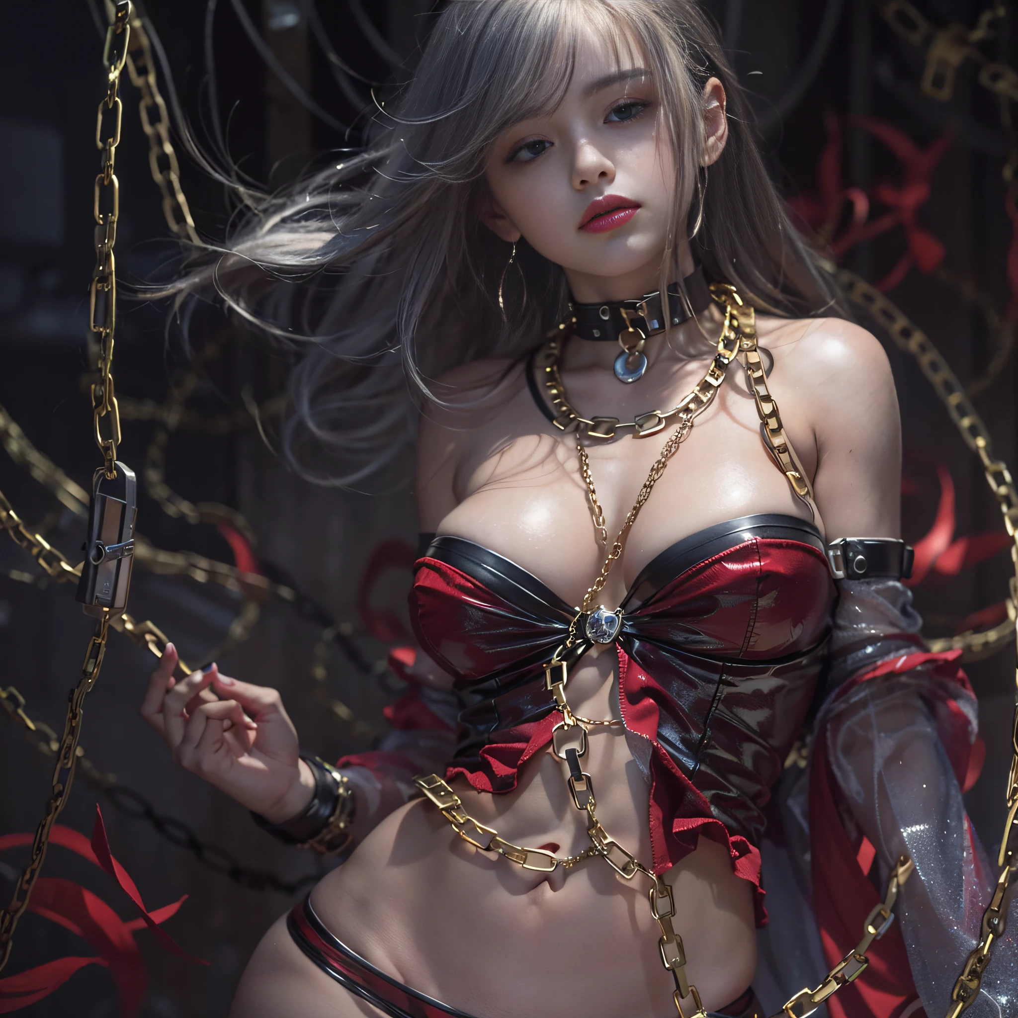 ((​masterpiece)、(top-quality)、(reallistic))、(shackle:1.4)、(Slave girl chained on dark background shines bright and beautiful:1.4)、age19、1girl in:1.4, Ultra Ultra Bikini、Open leg posture、Bikini made of thin material with clearly visible breasts and pubic area、Glossy black latex、Alphonse Mucha:1.4、Crisp focus:1.5、Beautiful and well-proportioned body、A detailed eye、(Correctly depict arms and legs:1.4)、Raw foto、red-lips、Red high heels、a choker、a necklace、耳Nipple Ring、