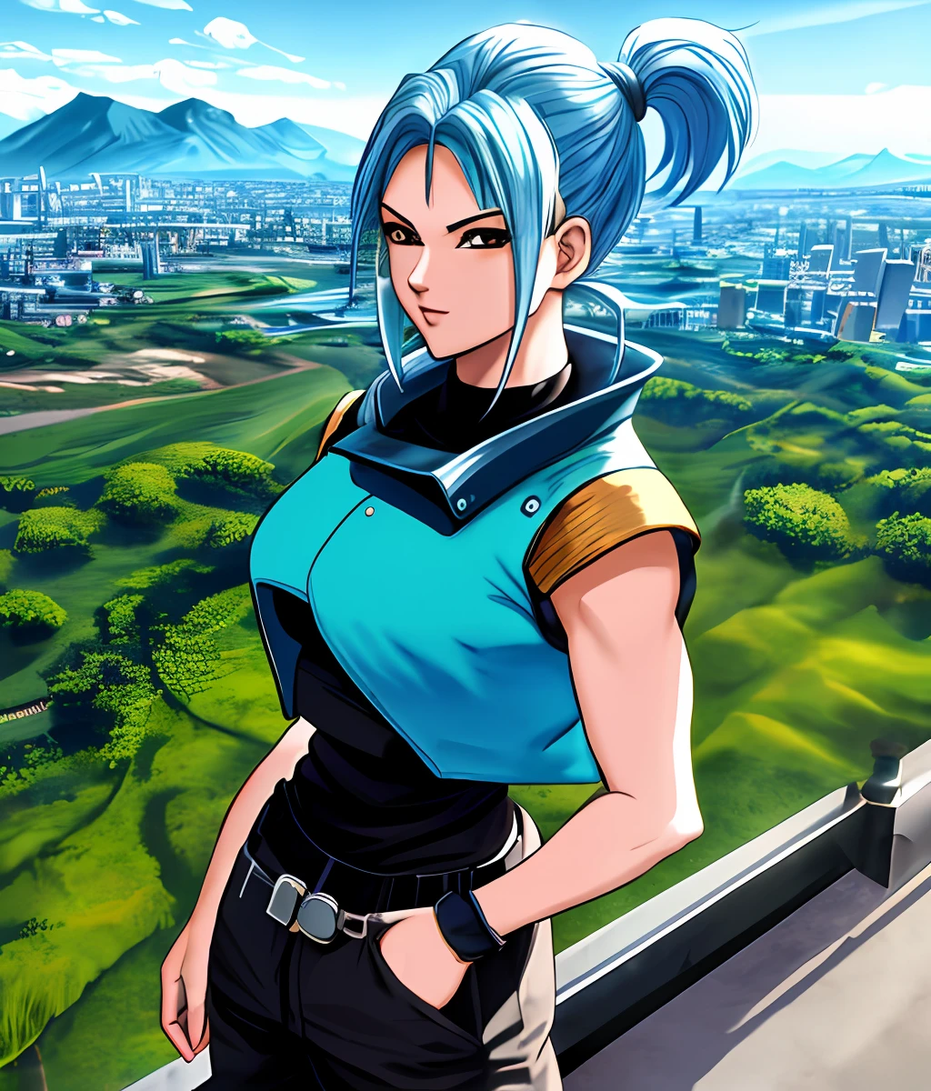 Um retrato vibrante de Bulma, seu cabelo ondulando ao vento, cabelo longo, cabelo preto, Standing atop a futuristic city overlooking a lush green valley, roupas laranja sexy, cabelo preto.
, arte digital, obra-prima, Scratches, headpe, olhar, anatomicamente correto, (((8 k resolution))) , Estilo Bulma Dragon Ball Z, 1 personagem