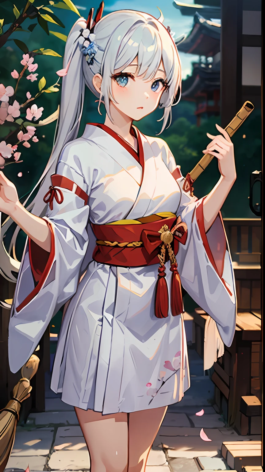 (masterpiece)、(best qualtiy)、(ultra-detailliert)、(dishevled hair)、(Japanese anime)、(1 Famous Japan Idol Girls)、(goddess of Japan、shrine maiden、White and red priestess costume、Red Hakama)、Holding a bamboo broom、see the beholder、A face that captivates the viewer、bending forward、(Background of the precincts)、Stand on the ground of pebbles、Fine and beautiful eyes、Delicate beautiful face、Planktonic、(a high chroma)、colorful bubble、(brilliance)、Focus on Face、poneyTail、Cherry Blossom Hair Ornament、White Shorthair、bangss、hair rings、Big chest slip、Floating hairs、(Shines)、The best lighting、Best Shadows、