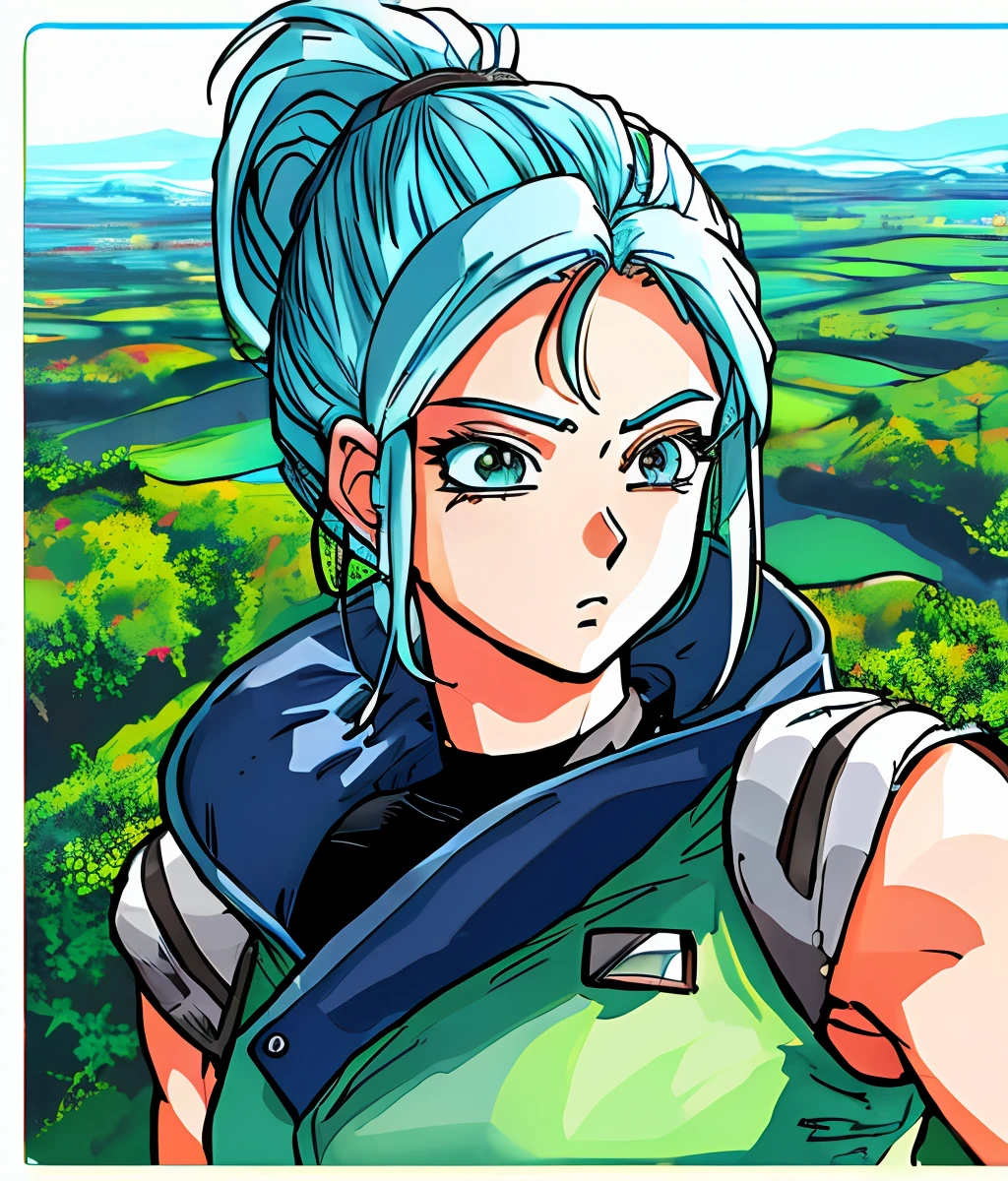 Um retrato vibrante de Bulma, seu cabelo ondulando ao vento, cabelo longo, cabelo preto, Standing atop a futuristic city overlooking a lush green valley, roupas laranja sexy, cabelo preto.
, arte digital, obra-prima, Scratches, headpe, olhar, anatomicamente correto, (((8 k resolution))) , Estilo Bulma Dragon Ball Z, 1 personagem