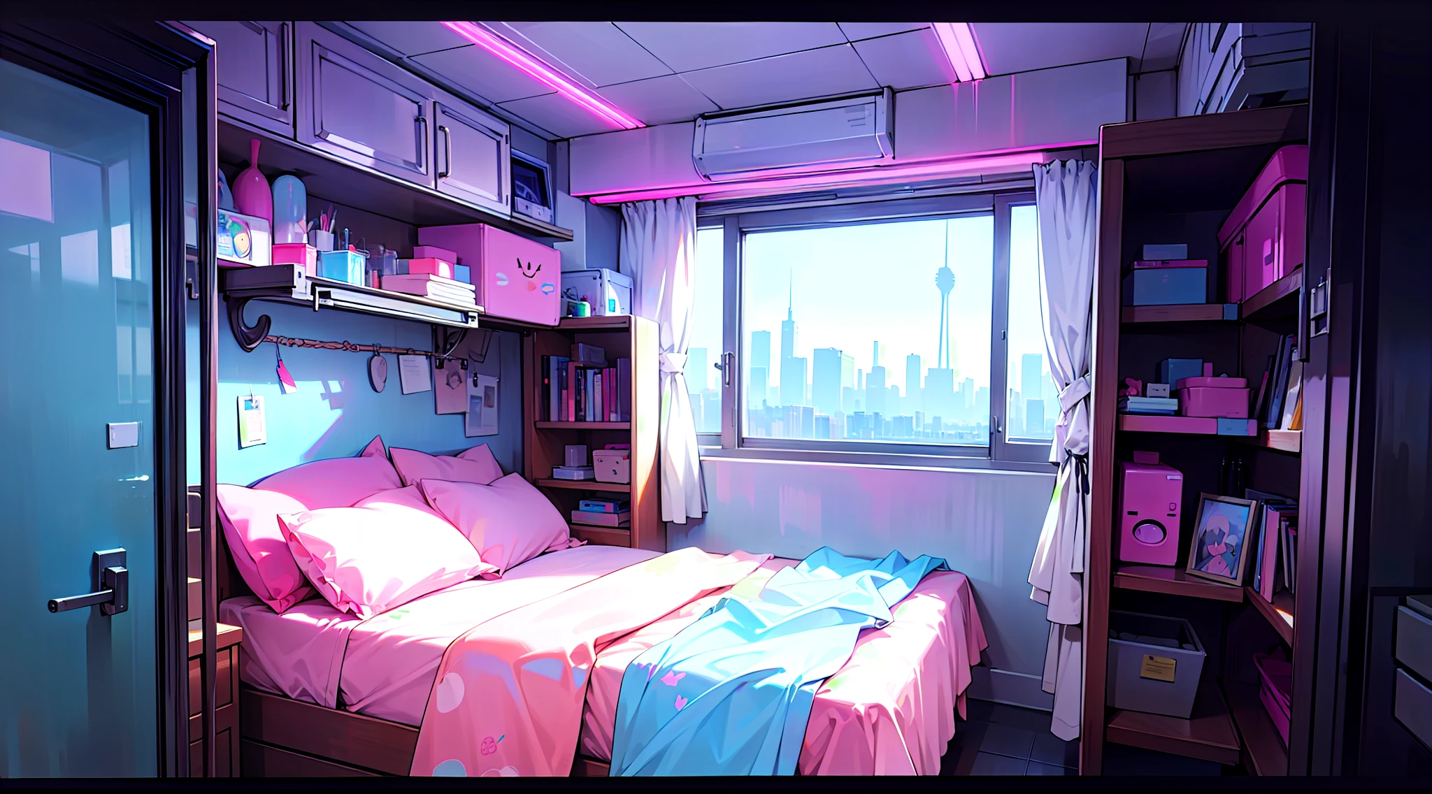 Masterpiece, absurdres, highres, 8k, epic, landscape, background, ((RAW photo)), ((realistic)), BREAK, cyberpunk inspired, kawaii, cyberpunk inspired apartment, pink, cute, pastel colors, kawaiitech, comfy bed, pastel kitchen, glass closet
