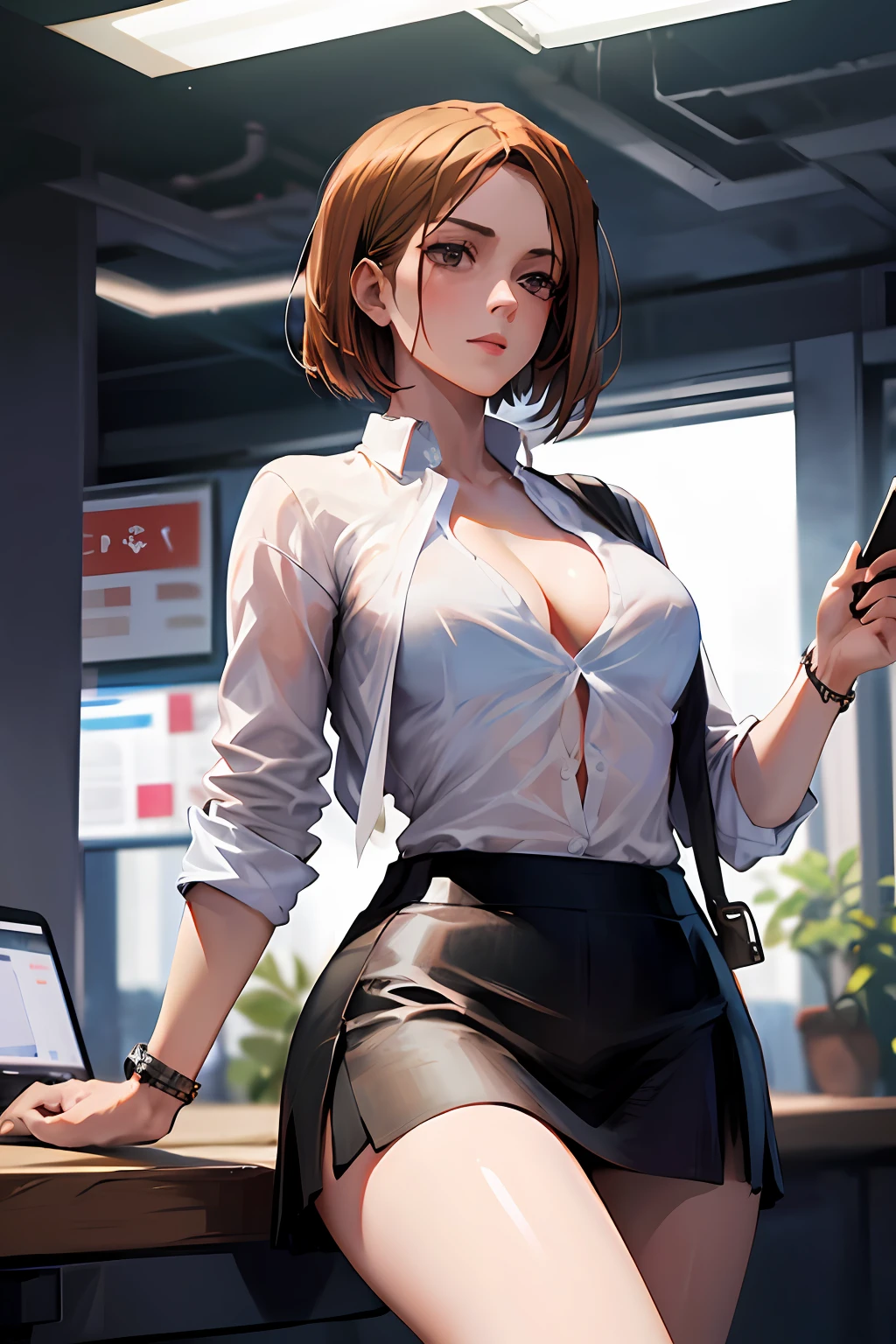 1girl, cowboy shot, beautiful Nobara, white shirt, unbuttoned, black skirt, office, volumetric lighting, best quality, masterpiece, intricate details, tonemapping, sharp focus, hyper detailed, trending on Artstation,full body