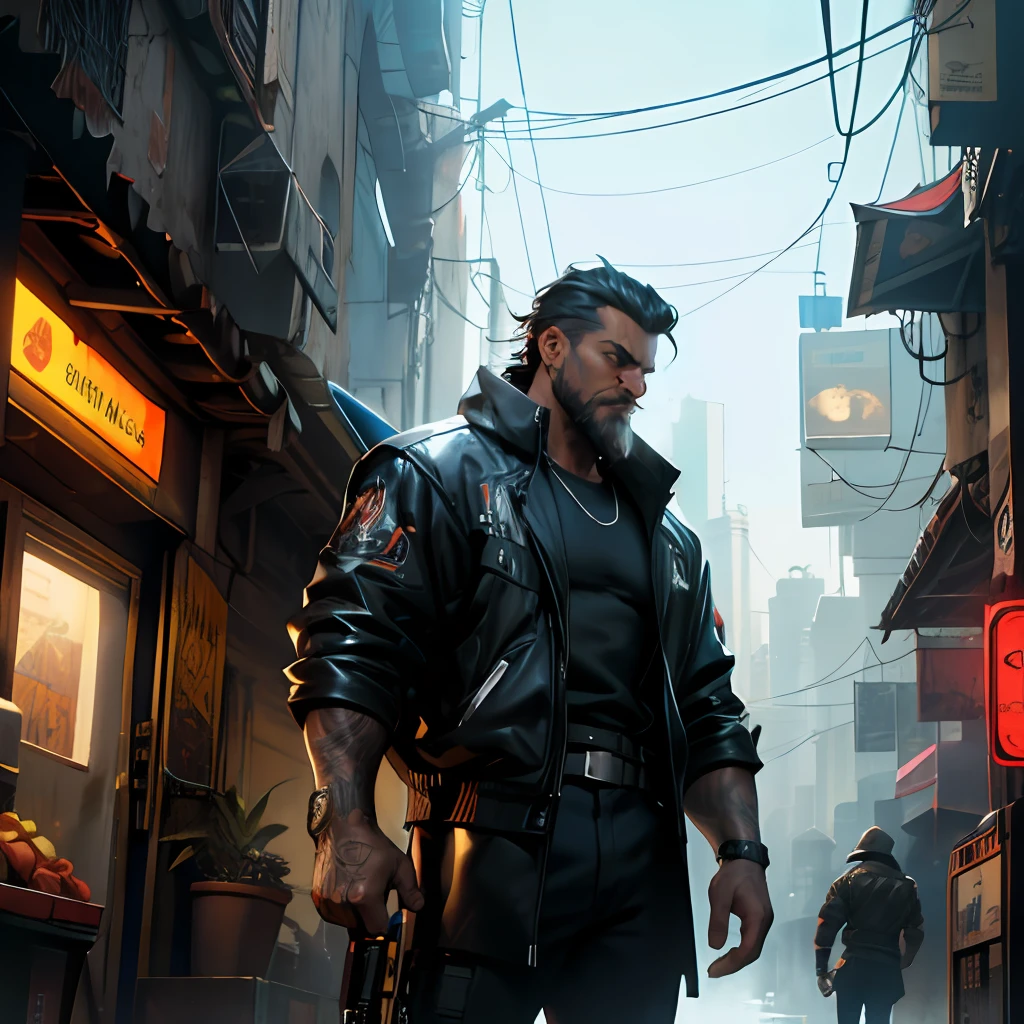 Um homem de 30 anos, barba grande, cabelos grandes e preto, cyberpunk, obra de arte.