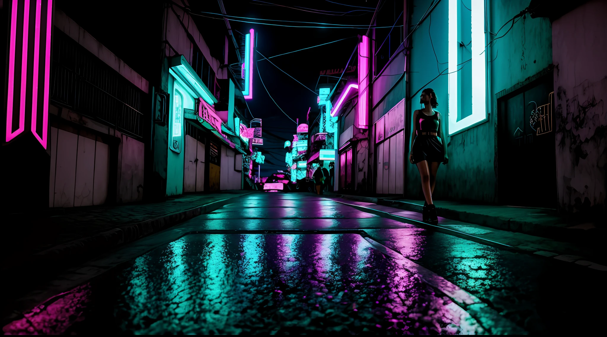 Uma garota no meio de uma cidade cyberpunk, synthwave style