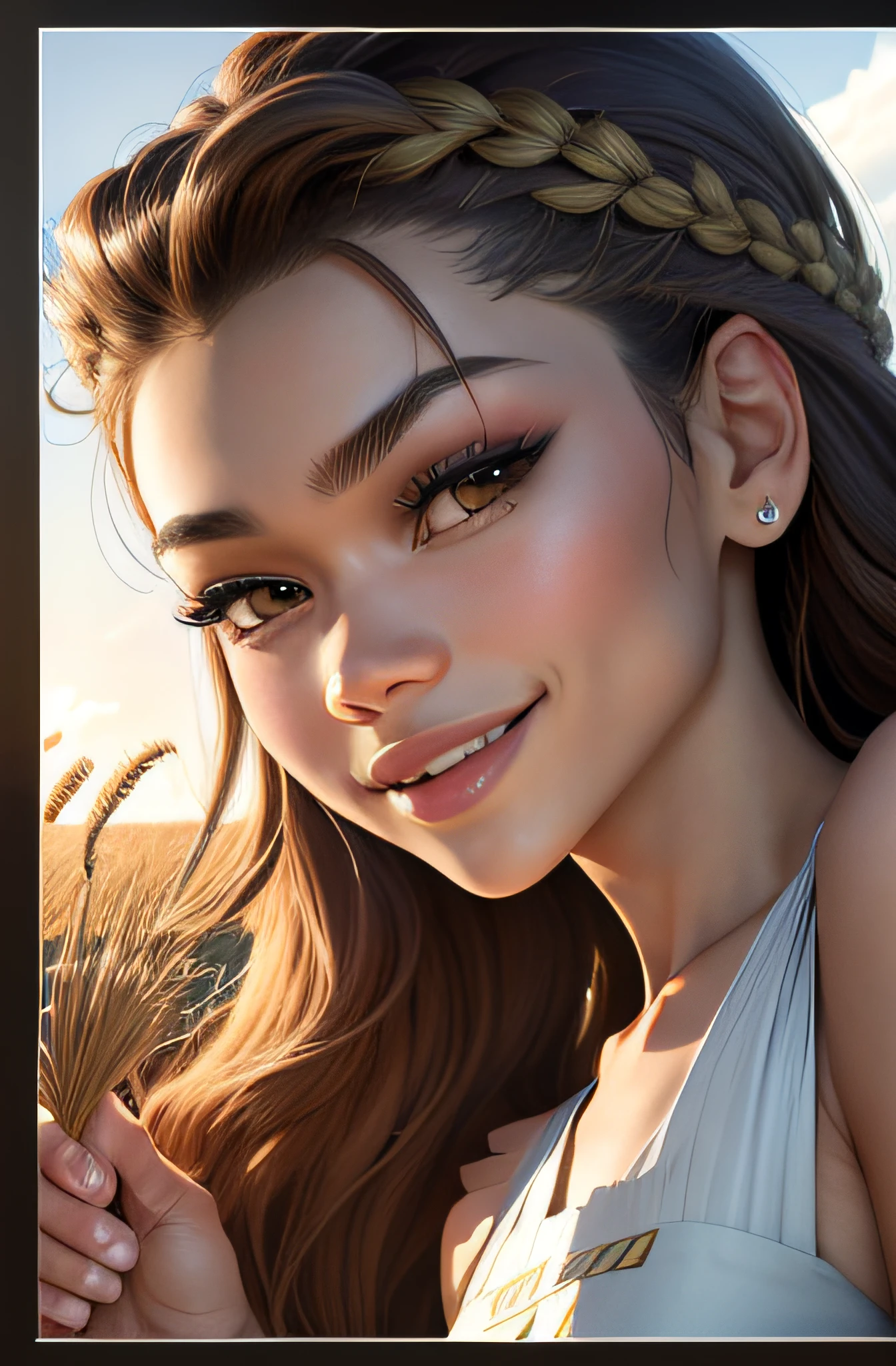zendaya hair, Zendaya smile, Zendaya eyes, Zendaya Looks, Zendaya, Perfect zendaya, lips detailed(one poster), may day, best quality, super detailed, illustration, farmer with Zendaya Face, happy expression, middle age, celebration, crowd, audience, cheering, relaxing, holding wheat, corn, wide angle shot, looking down Shot, distance, (away from the camera), full body, rice field,