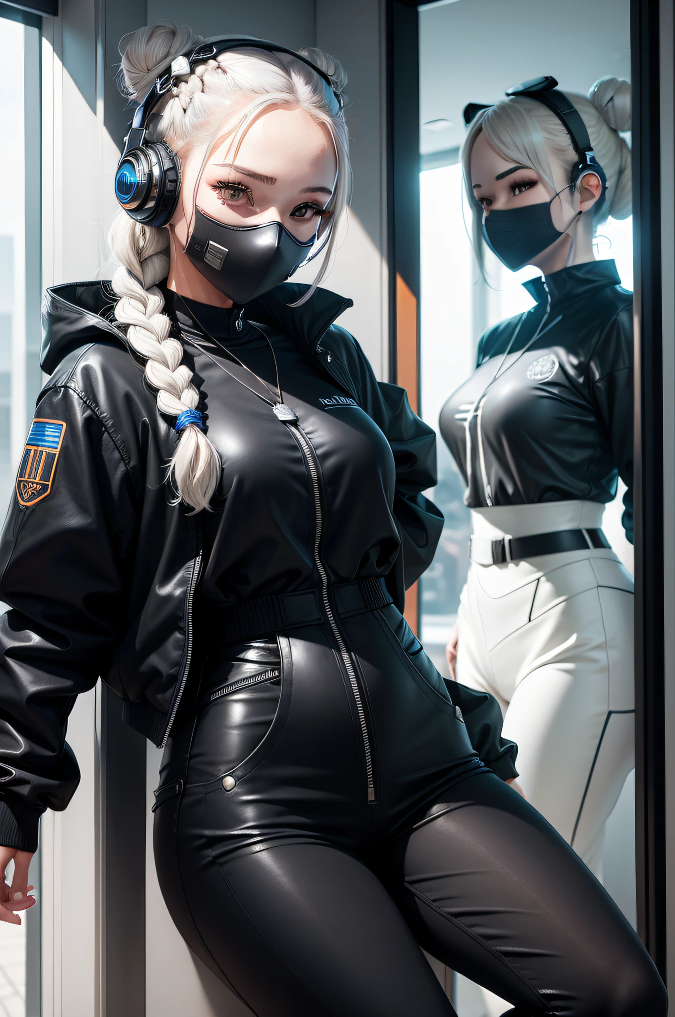 (magazine cover: 1.3), ulzzang-6500, (realistic: 1.3) (original: 1.2), masterpiece, best quality, beautiful clean face, full body, 1woman, (using scifi technical mask in black and white and cobalt and headphones with complex electronics), wearing black techwear jacket and orange pants with buckle and ribbon, (crystal necklace), posing for a photo, (white braided bun hair),