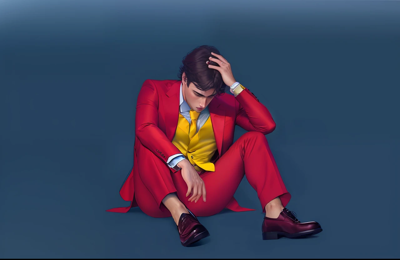 Man+(realistic drawing:1.2)+(vibrant red suit)+(yellow tie)+(sad expression)+(looking downwards)