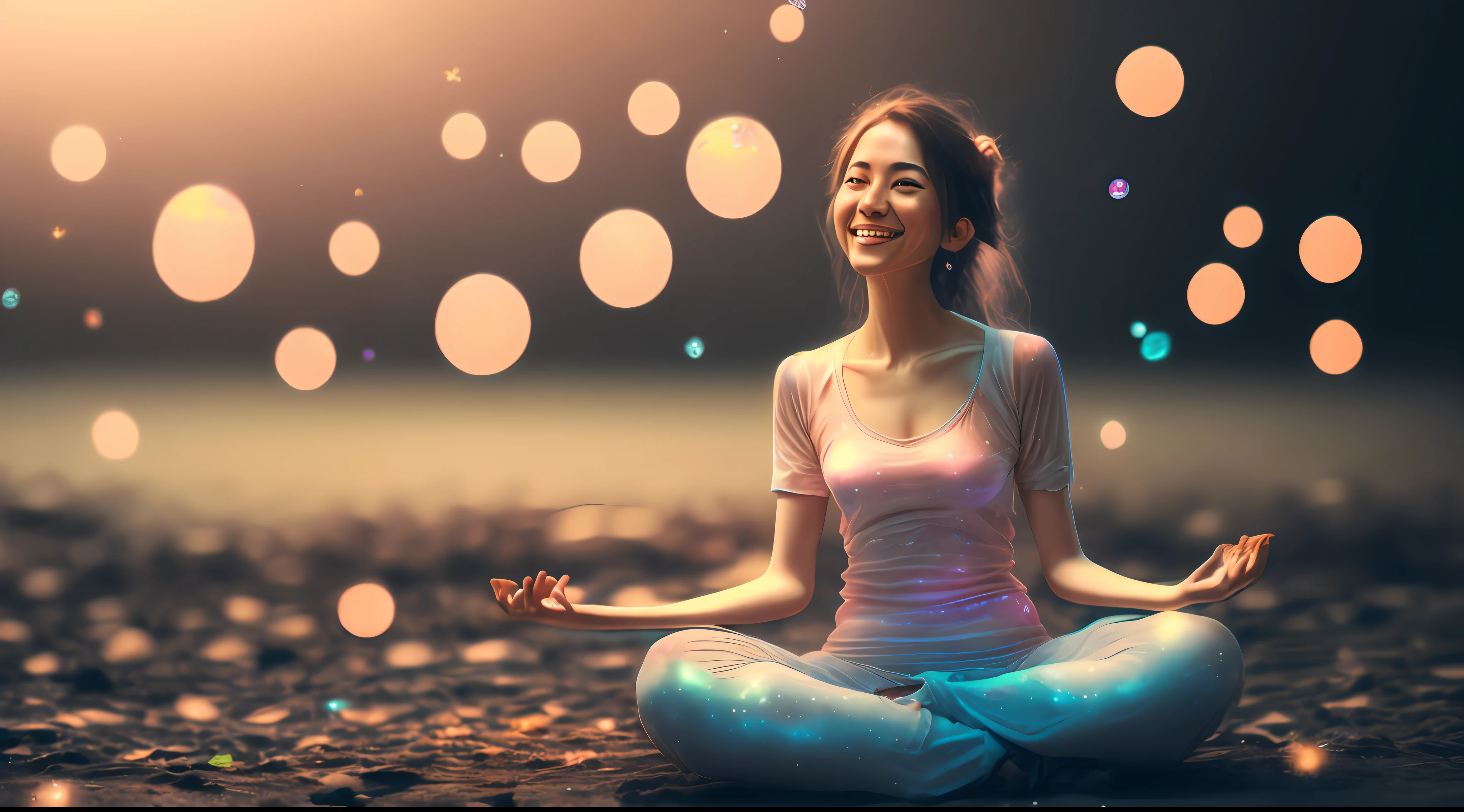 a woman in lotus pose floating above the ground, smiling slightly, blissful, bokeh