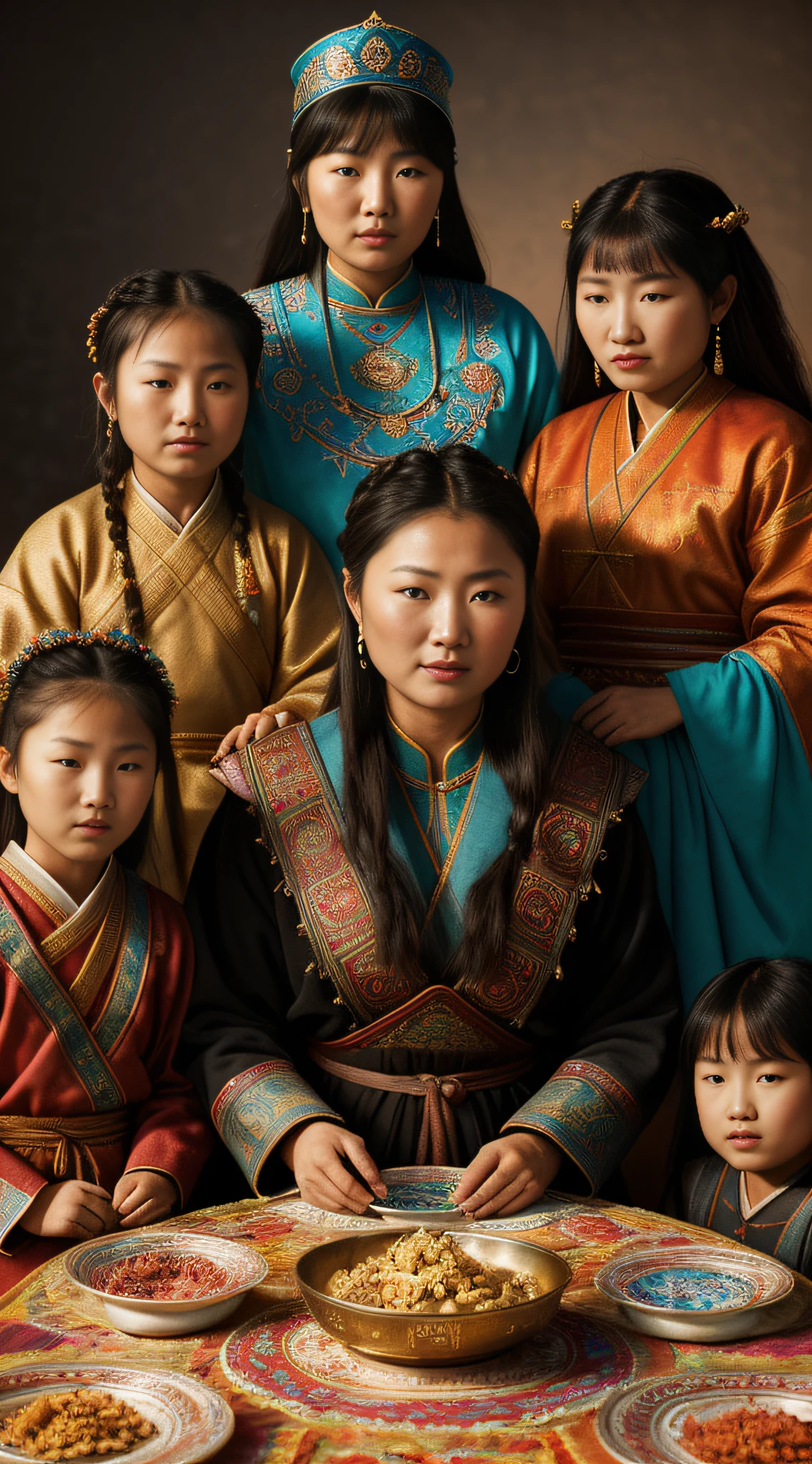 {Hoelun, the mother of Genghis Khan, with her four young children, all in rugged traditional 13th-century Mongolian attire}, Art Styles: modern digital art, Art Inspirations: Greg Rutkowski, Camera: 35mm, Shot: panoramic, Render Related Information: (vivid colors:1.3), (high detail:1.5), (studio lighting:1.2), (UHD:1.2)