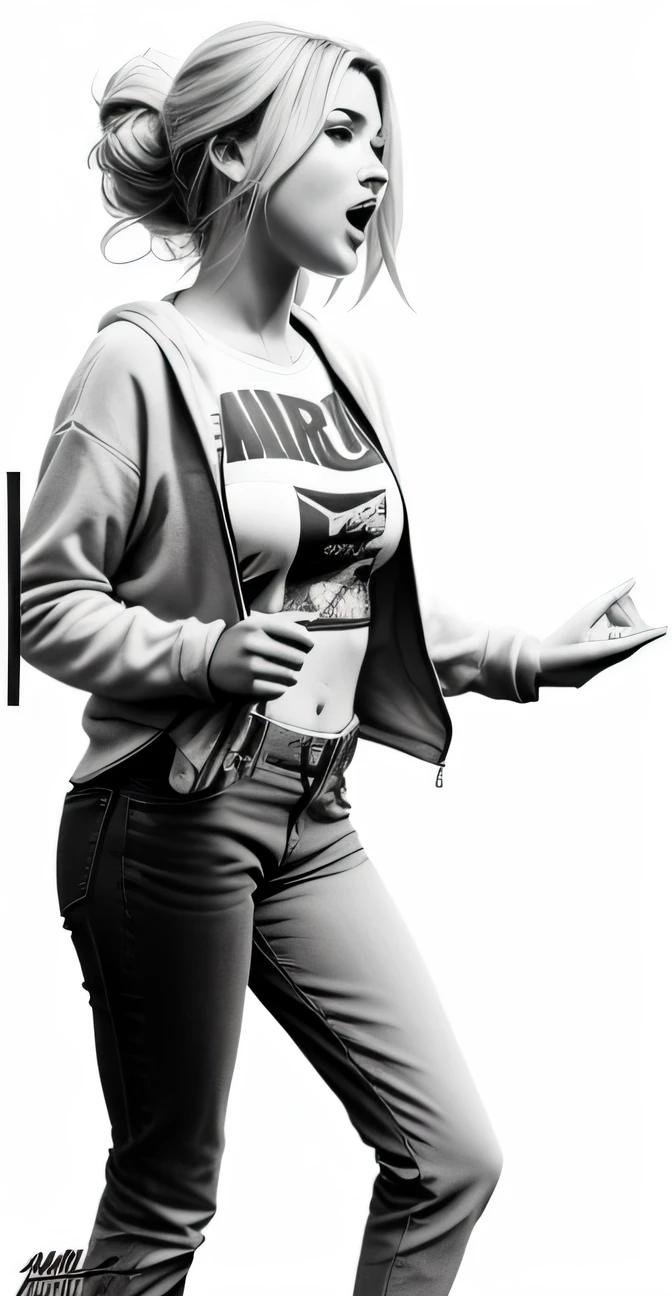 desenho preto e Branco, feito com grafite, sketch de uma mulher com cabelo preso, fotografia tirada em 2 0 2 0, imagem granulada, stroke details, ink on paper, marvel comics, mike deodato style jim lee style, marvelous expression, Arte Promocional, closeup estilo gesto pesado, foto de rua, candid photo, Directed by: Mirko Rački, B&w foto, mulher parada, surpresa, espando, boca aberta, expression of espando