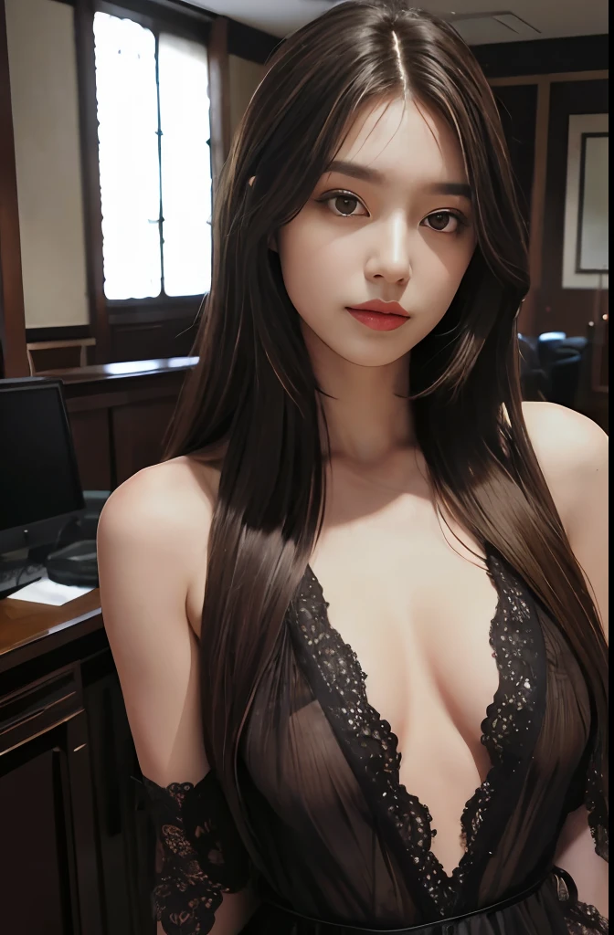 a woman, brown hair, brown eyes, fit body, Long Hair, hair parted in the middle, straight hair, lingerie, in a room, detailed body, detailed eyes, master piece, best quality, high quality, RAW camera, realistic, real person,