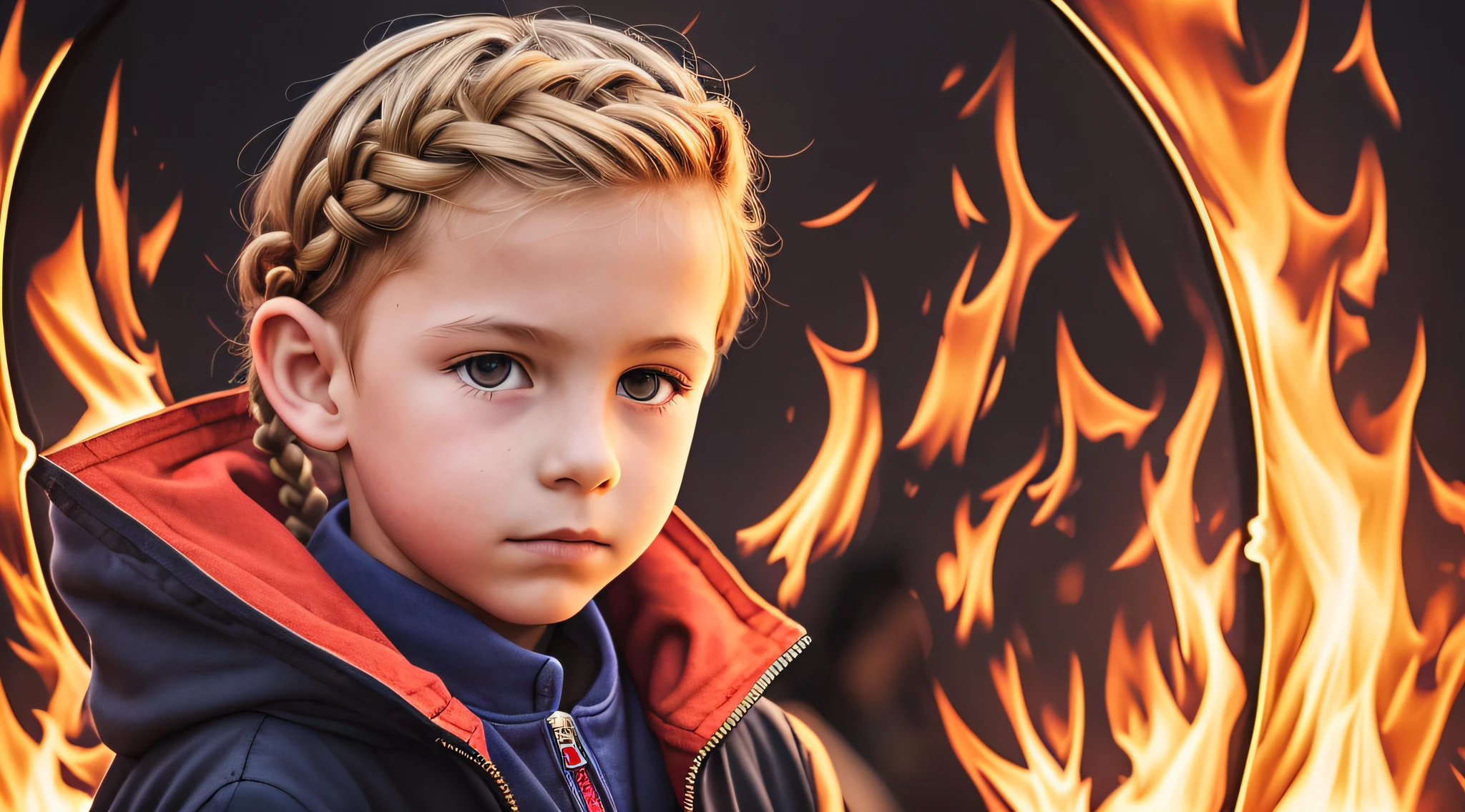 BOy , Russian blonde in braids, com roupa de jaqueta de couro vermelha, estilo retrato, flames are glowing in the dark with a reflection of the fire, chamas de fogo, chamas no fundo, fogo e chamas.
