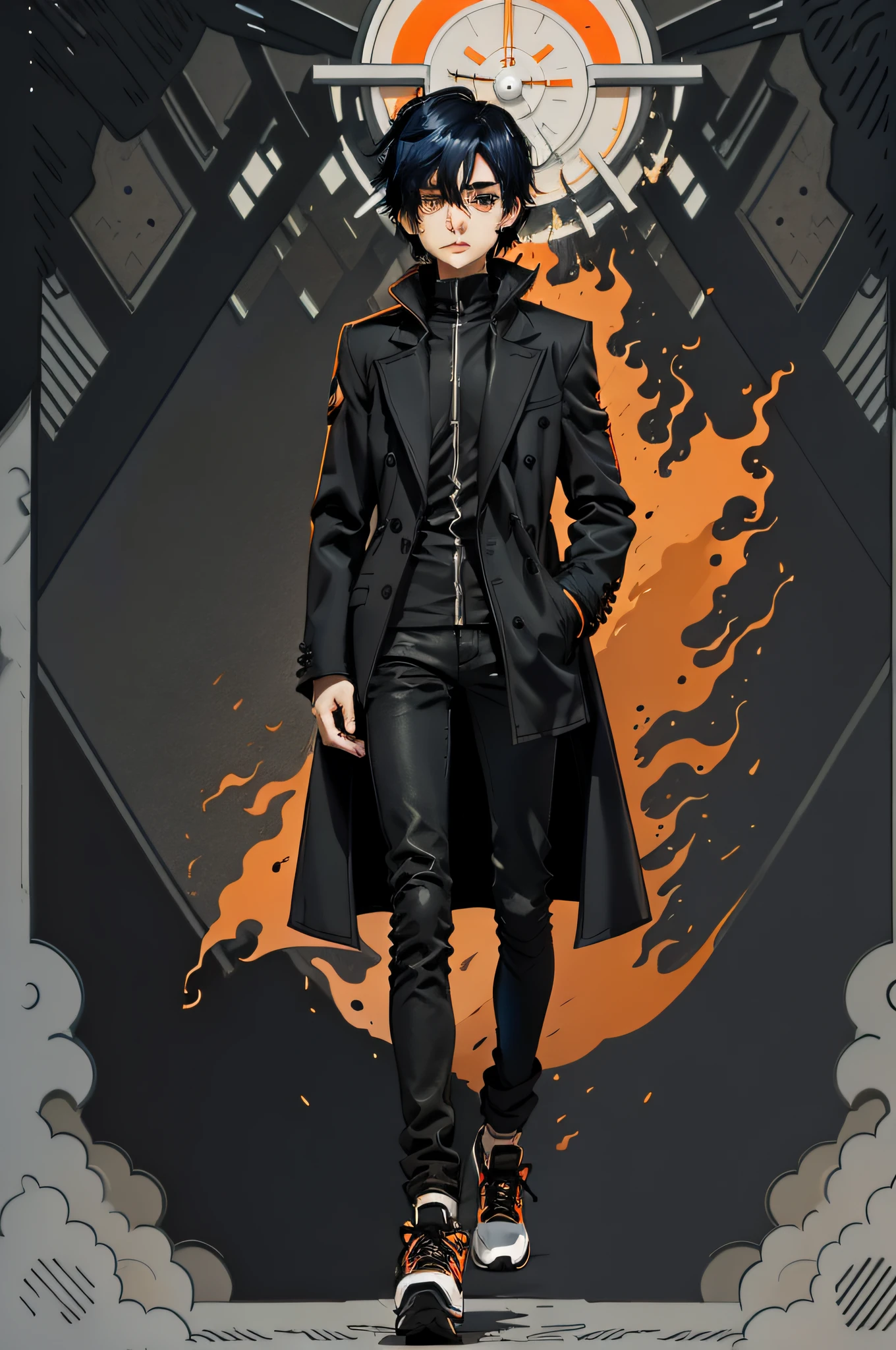 solo, male, five o'clock shadow, black tattered long coat, black dress shirt, black skinny jeans, black sneakers, glowing orange eyes, pale skin, shoulder-length hair, black hair,