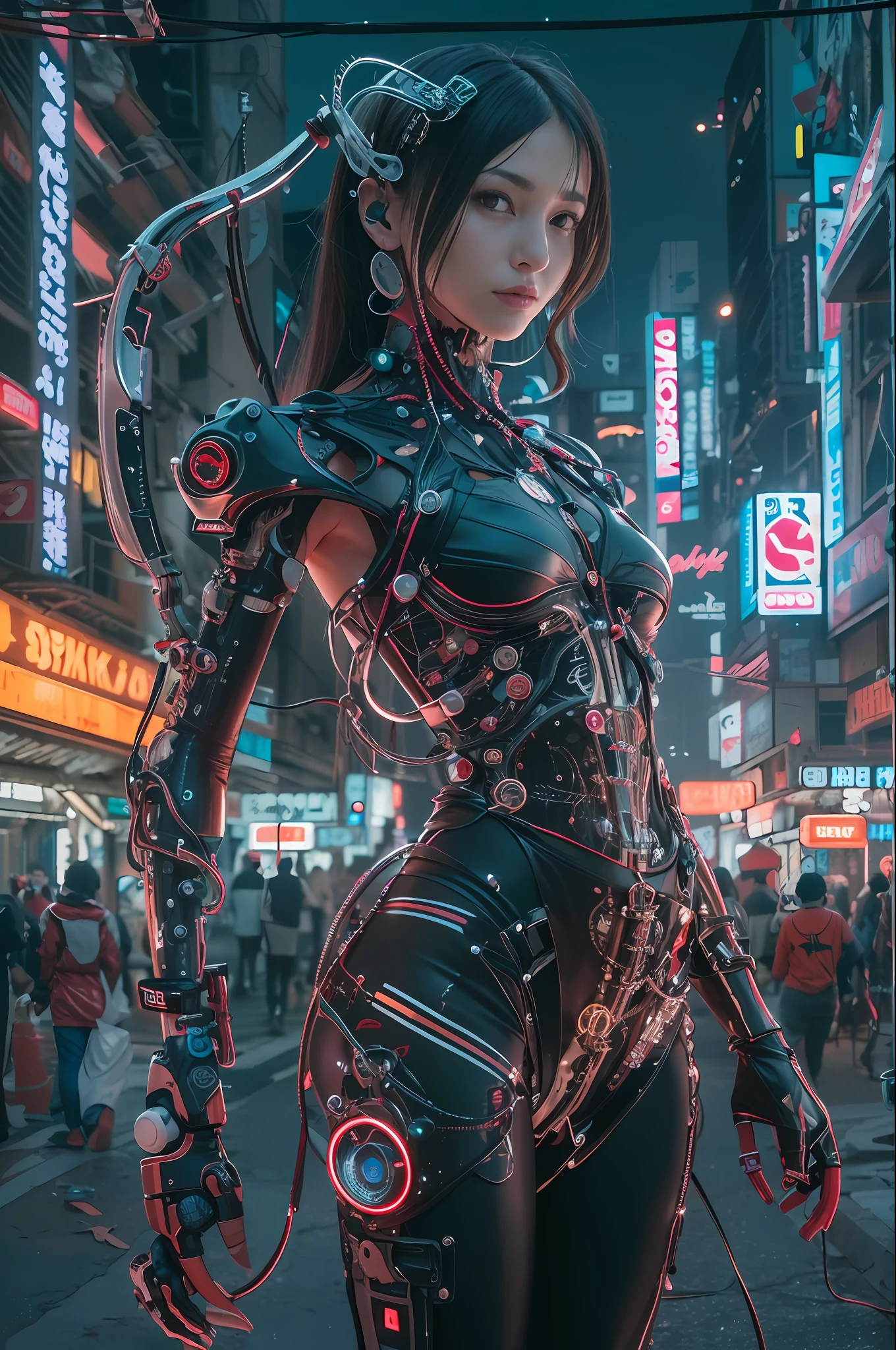 Top Quality, Masterpiece, Ultra High Resolution, ((Photorealistic: 1.4), Raw Photo, 1 cyberpunk Girl, Black Hair, Glossy Skin, 1 Mechanical Girl, (Ultra Realistic Details)), global lighting, deep shadows, Octane Rendering, 8K, Ultra Sharp, Metal, Intricate Ornament Details, Egyptian Details, Very intricate details, realistic light, CGSoation trend, facing the camera, neon details, mechanical limbs, tubes connected to the mechanical parts, mechanical vertebrae attached to the back, mechanical cervical attachment to the neck, wires and cables connecting to the head, evangelion, small glowing LED lamps, (dazzling Cyberpunk city streets in background).