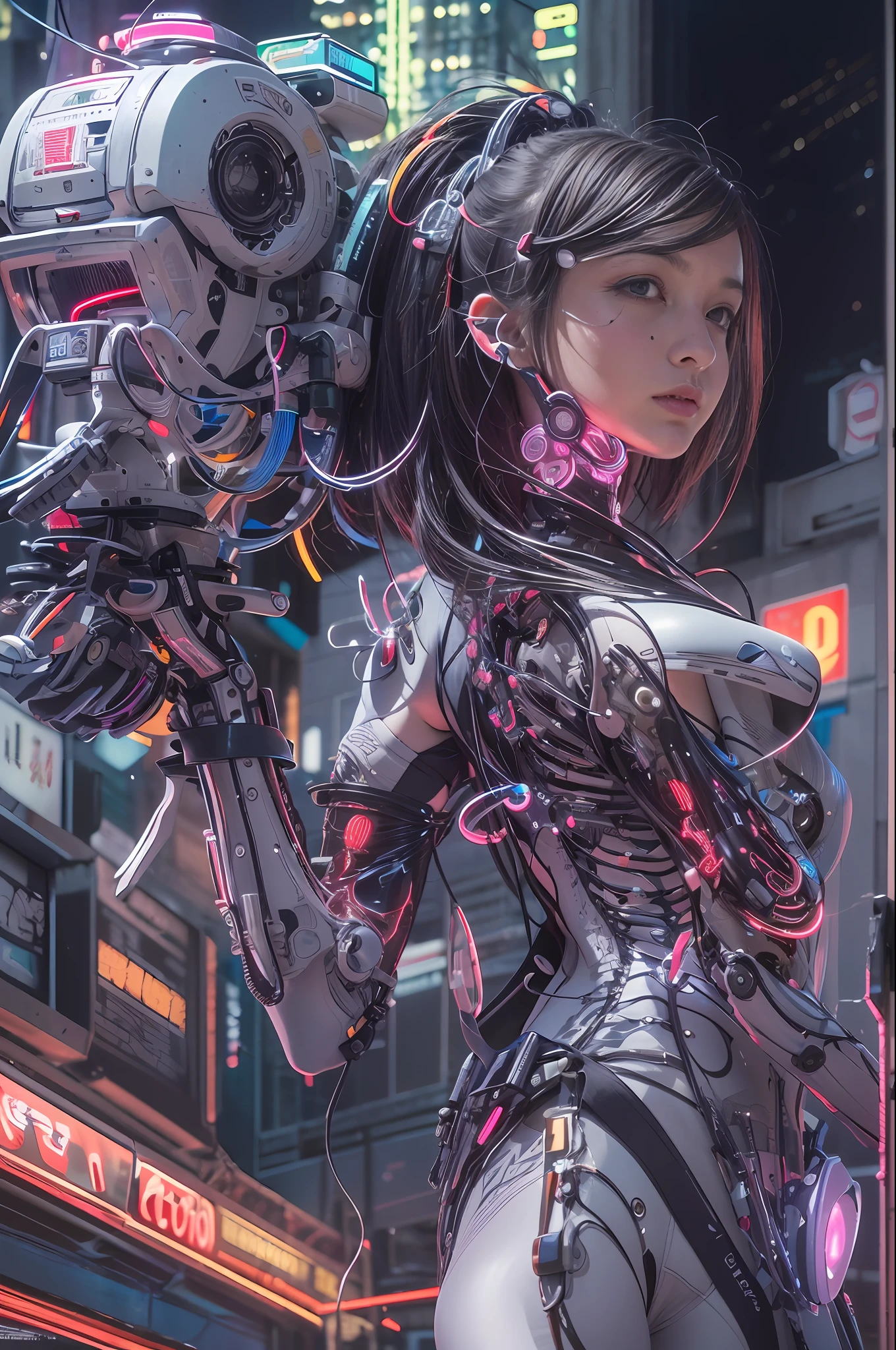 Top Quality, Masterpiece, Ultra High Resolution, ((Photorealistic: 1.4), Raw Photo, 1 cyberpunk Girl, Black Hair, Glossy Skin, 1 Mechanical Girl, (Ultra Realistic Details)), global lighting, deep shadows, Octane Rendering, 8K, Ultra Sharp, Metal, Intricate Ornament Details, Egyptian Details, Very intricate details, realistic light, CGSoation trend, facing the camera, neon details, mechanical limbs, tubes connected to the mechanical parts, mechanical vertebrae attached to the back, mechanical cervical attachment to the neck, wires and cables connecting to the head, evangelion, small glowing LED lamps, (dazzling Cyberpunk city streets in background).