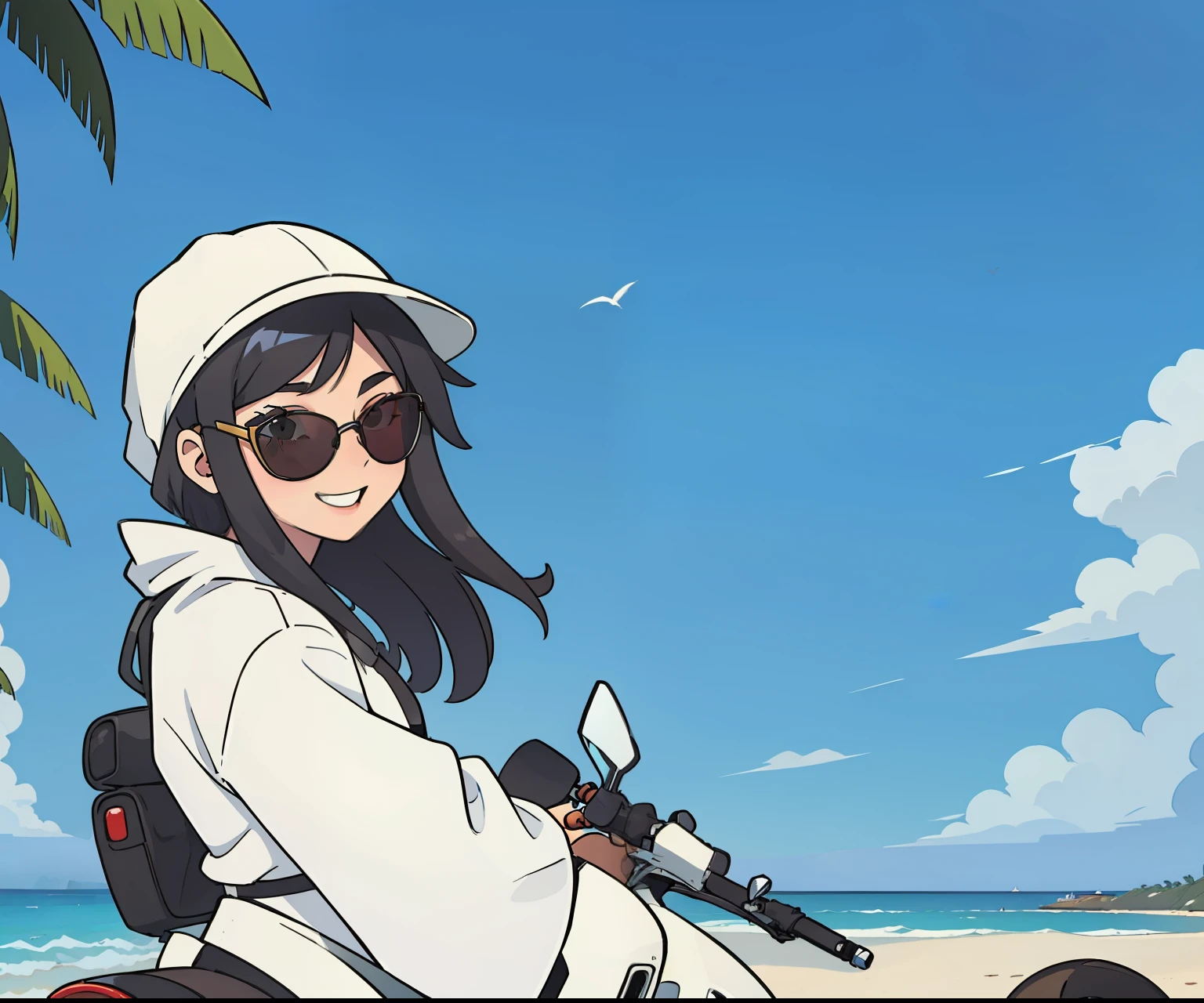 Anime Sexy woman Using black sunglasses and withe clothes Riding vespa motorcycle near to the beach happy smiling
