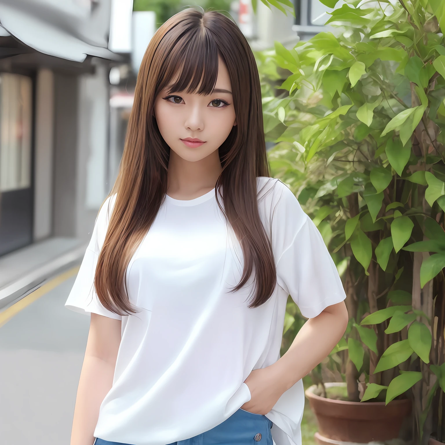 8k、RAW Photography、top-quality、masuter piece:1.2)、ultra-detailliert、ultra res、(realisitic、rialistic photo:1.37)、portlate、high-definition RAW color photography、Professional Photography、highly detailed and beautiful、ighly detailed、8K wallpapers、amazing detailed、huge filesize、Official Art、Highly detailed CG Unity 8k wallpapers、highly detailed beautiful girl、extra detailed face、extremely detailed eye、highlydetailed skin、extremely detailed fingers、highly detailed nose、very detailed detailed mouth、Perfect Anatomy、highly detailed back ground、Highly detailed clothing、女の子 1 人、(18:1.2)、Teen、Cute little girl s、famous Japan idol、cute little、Realistic body、小柄、de pele branca、glistning skin、Slim body、handsome body、brown haired、Short constricted curly hair、(Blunt bangs:1.2)、a smile、kawaii、zora々Right、kawaii faces、lifelike face、Delicat eyes、Sauce order、White T-shirt、skirt by the、耳Nipple Ring、Looking at the camera、cowboy  shot、front facing、Standing、Contrapo, high street, public, 动态照明,