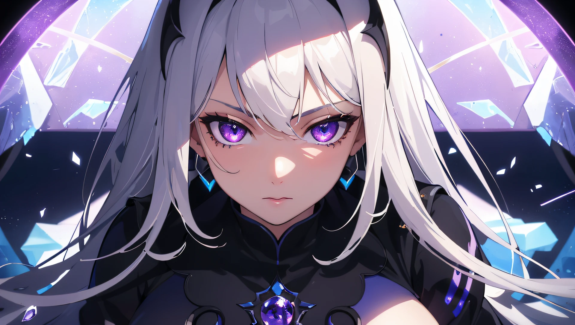 (masterpiece, best quality, ultra-detailed, best shadow), (detailed background,dark fantasy), (beautiful detailed face), high contrast, (best illumination, an extremely delicate and beautiful), ((cinematic light)), colorful, hyper detail, dramatic light, intricate details, (1girl, solo,white hair, sharp face,purple eyes, hair between eyes,dynamic angle), blood splatter, swirling black light around the character, depth of field,black light particles,(broken glass),magic circle, golden rune tattoo on right side of the face