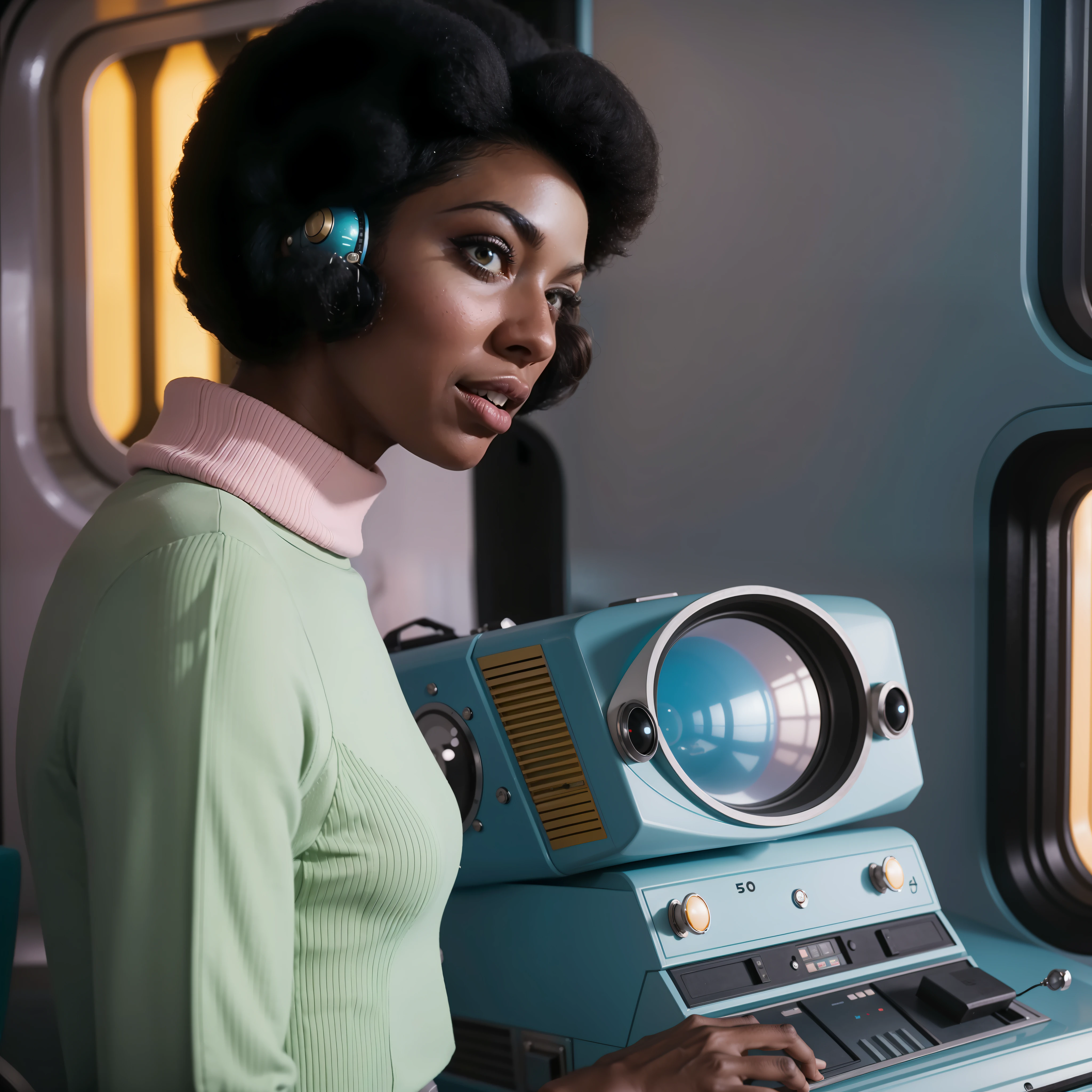 4k image from a 1960s science fiction film by Wes Anderson, Filme O Grande Hotel Budapeste, pastels colors, Black woman wearing retrofuturistic alien masks and holding colorful suitcases and chests on the bus, Retro-futuristic fashion clothes from the 60s with old robots, Luz Natural, Psicodelia, futurista estranho, retro-futurista, photo-realistic, Sharp background details.