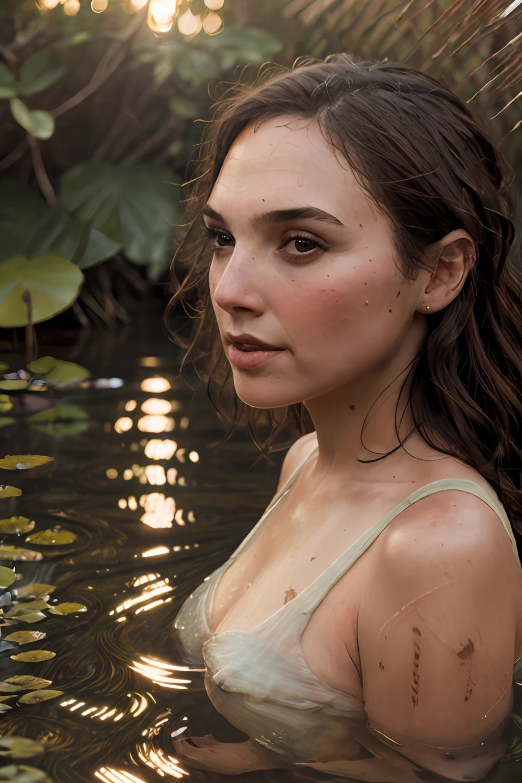 close up portrait of a cute woman (gldot) bathing in a river, reeds, (backlighting), realistic, masterpiece, highest quality, lens flare, shade, bloom, [[chromatic aberration]], by Jeremy Lipking, by Antonio J. Manzanedo, digital painting,