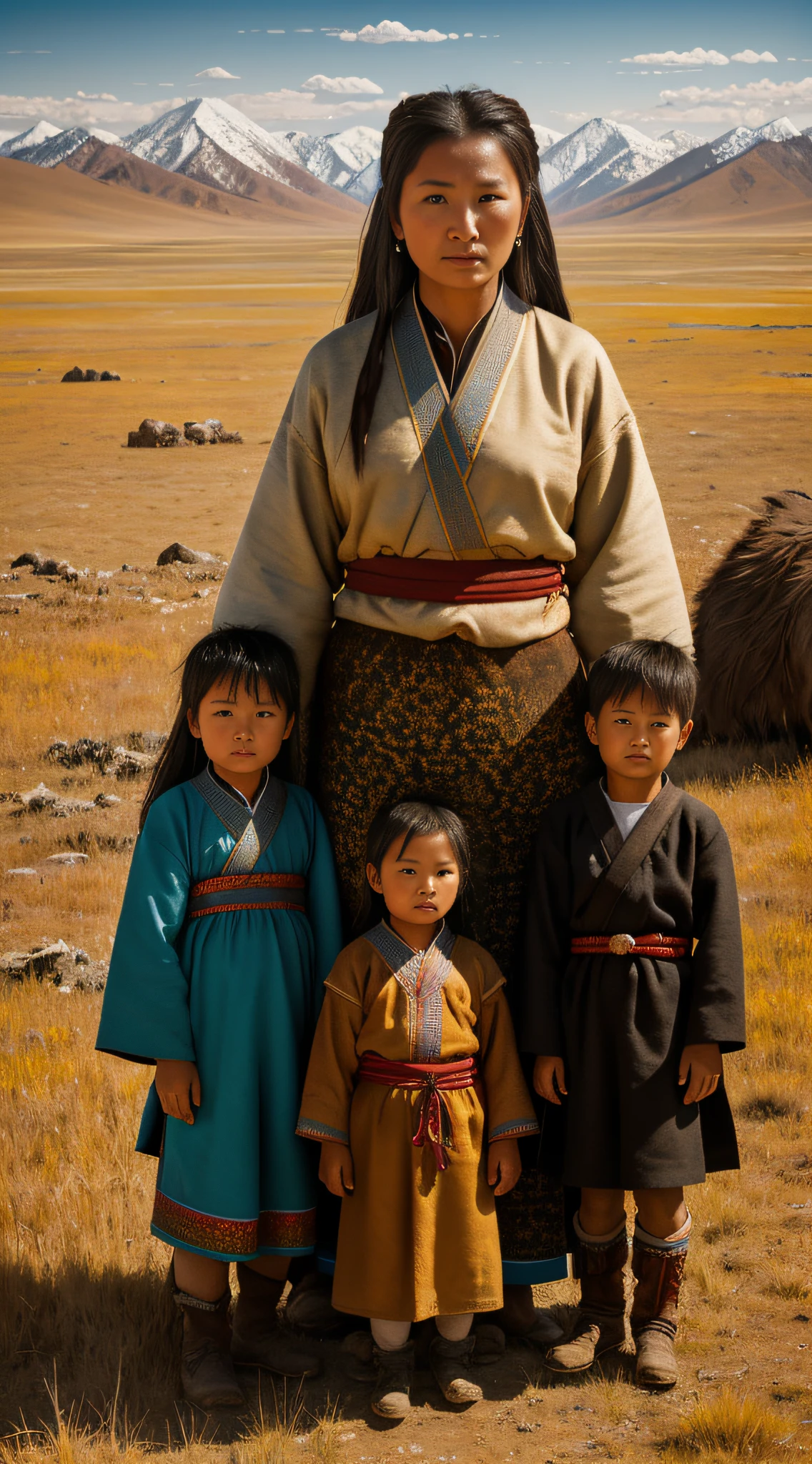 {Detailed oil painting of Hoelun and her children in the harsh wilderness of the steppe, dressed in their traditional 13th-century Mongolian attire, struggling against the harsh realities of life in the Mongolian era}, Influenced by Greg Rutkowski and Deviantart, Wide angle lens, Medium shot, Rendered with HDR (hdr:1.25), Detailed work, and High resolution.
