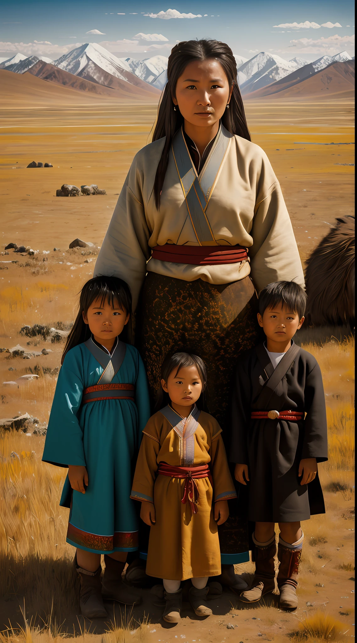 {Detailed oil painting of Hoelun and her children in the harsh wilderness of the steppe, dressed in their traditional 13th-century Mongolian attire, struggling against the harsh realities of life in the Mongolian era}, Influenced by Greg Rutkowski and Deviantart, Wide angle lens, Medium shot, Rendered with HDR (hdr:1.25), Detailed work, and High resolution.