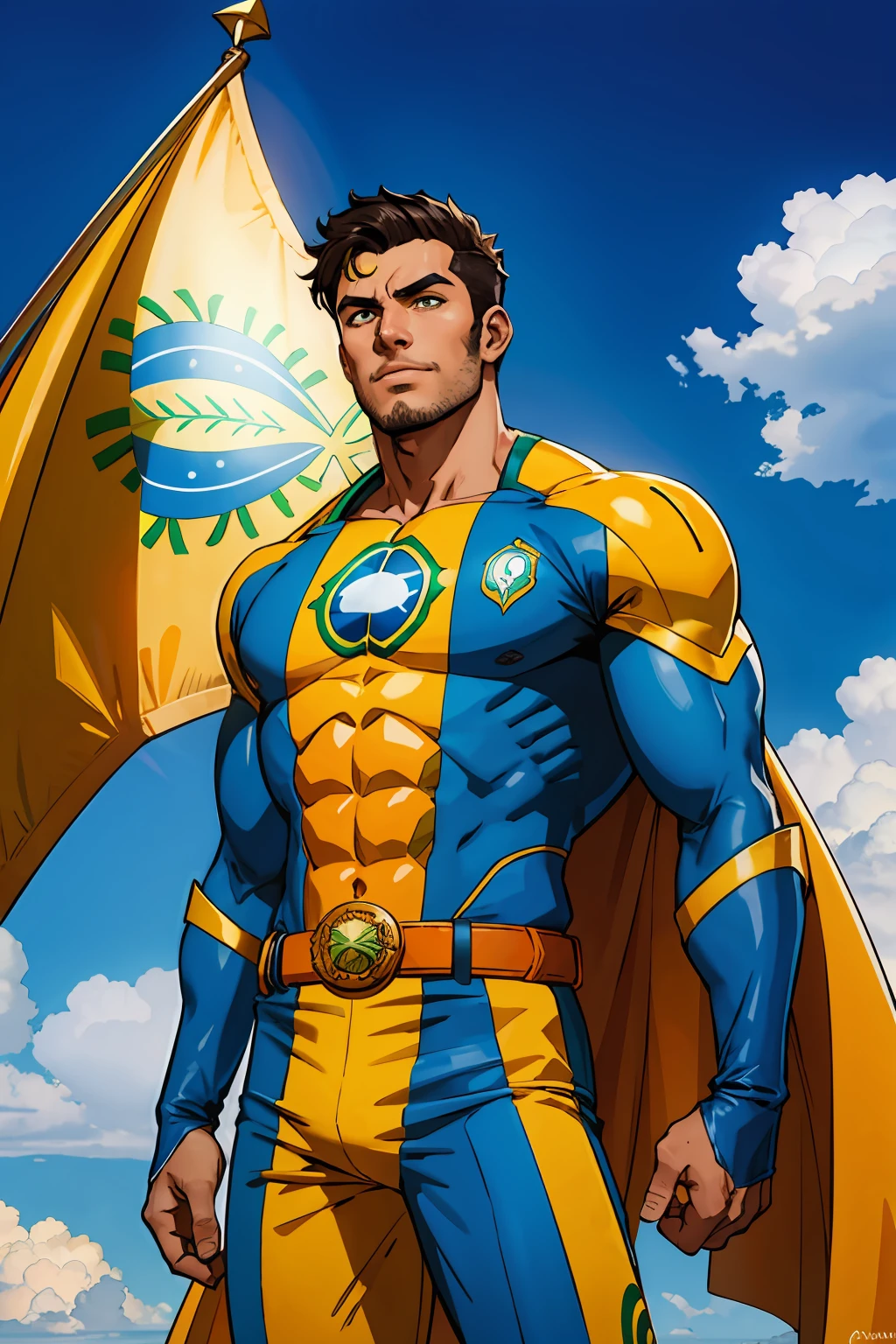Brazilian guy Super Hero Green Yellow and Blue suit Brazil flag