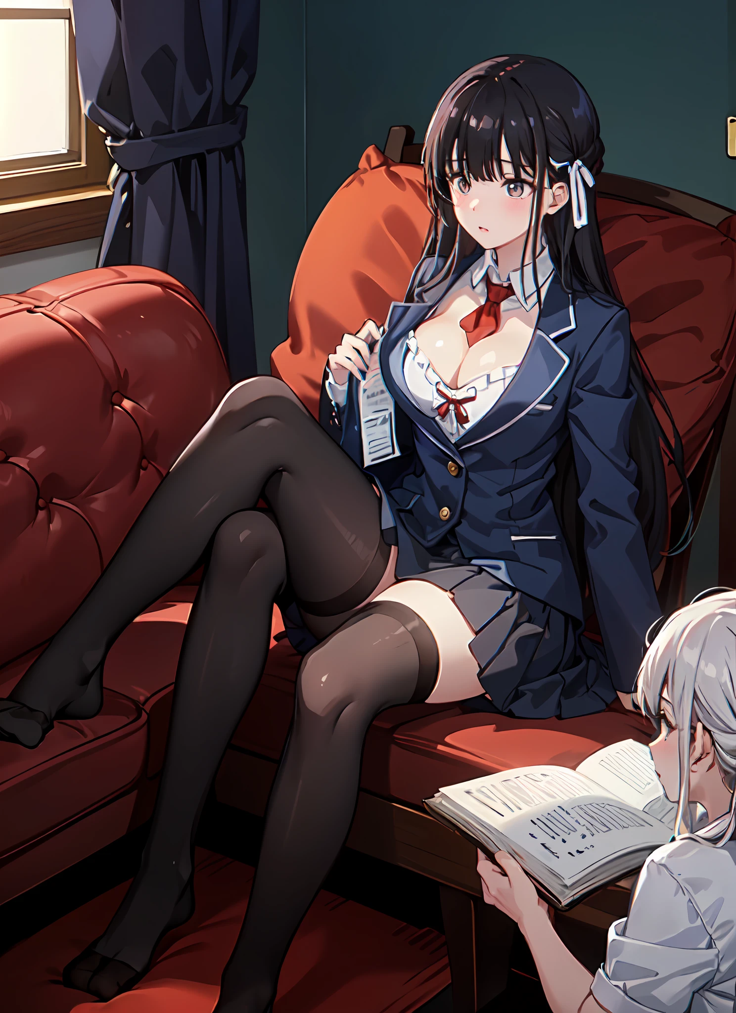 top-quality、​masterpiece、Slender body type、Innocent expression、Full body、(Black Saihai Knee Socks:1.2)、small head、A detailed face、red blush　flustured、Open your mouth small、A detailed eye、Stranger、(独奏、1girl in)、Bright living room、From an angle、Black hair Long hair、White ribbon、middlebreasts、Dark blue blazer,White blouse、a miniskirt、 Red Ribbon Tie、Crystal clear facial skin、mid distance、middlebreasts、cleavage of the breast、