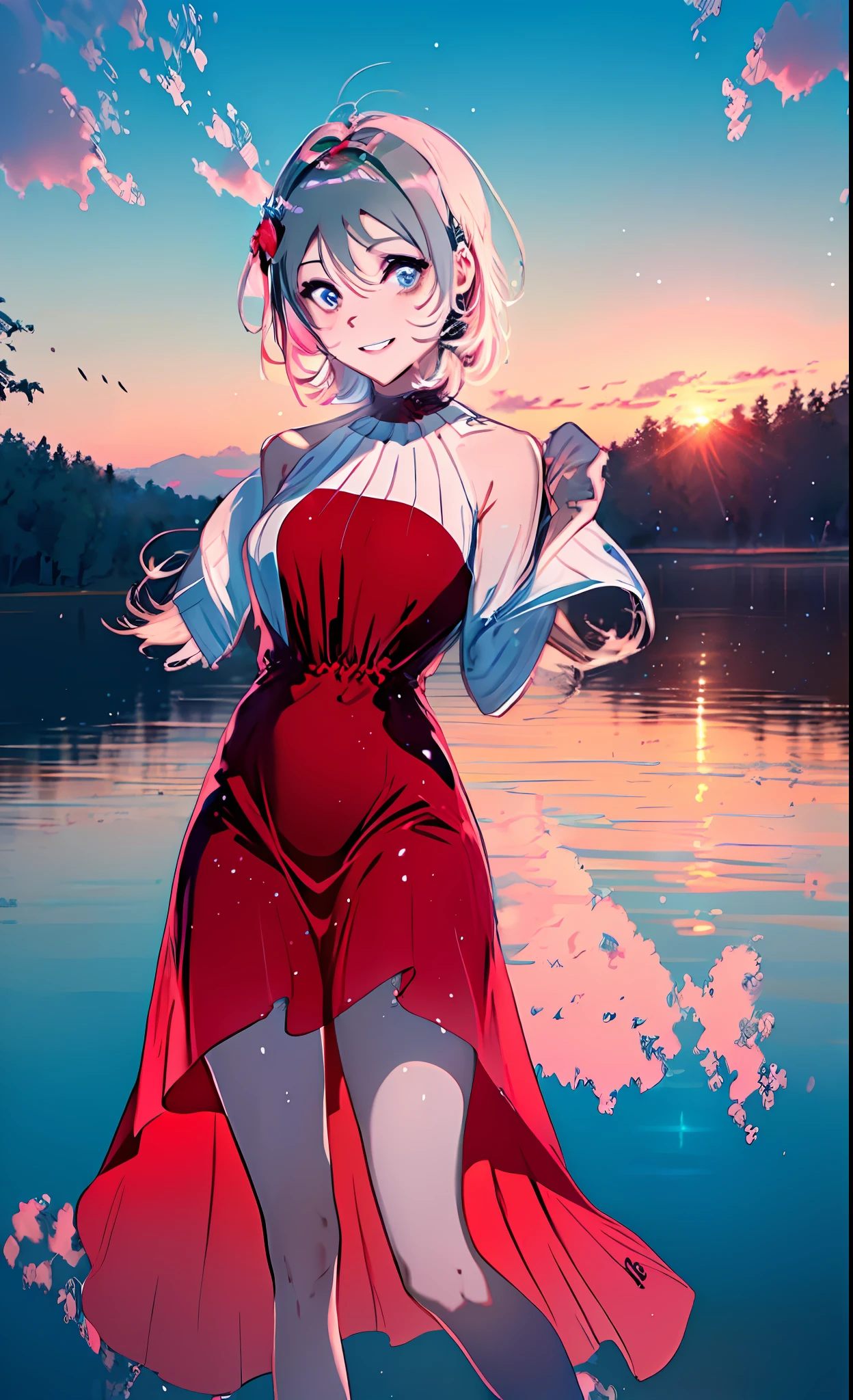 ((obra-prima)), ((melhor qualidade)), Altas, (Kei1), 1girl, sozinho, (((((Full Length Red Dress))))), ((((Vestido vermelho longo)))), (olhos azuis), (((cabelo longo))), (fita), (franja), 鎖骨, (cabelo grisalho), (faixa de cabelo preta), ((((Ela tem uma cara feliz)))), neck ribbon, (cabelo entre os olhos), middlebreasts, (((Tiroteio de Cowboy))), (((sorriso))), (corpo completo anatomicamente correto), ((Full retail scenario)), ((((Ela usa um vestido vermelho longo detalhado)))), perfect hands, dedos reparados, perfect feets,1 garota, serene expression, olhos hipnotizantes, (((cabelos longos e lisos)), fluttering dress, postura equilibrada, pele de porcelana, blush sutil, pingente de cristal BREAK hora dourada, (Rim lighting): 1.2, tons quentes, reflexo do sol, sombras suaves, cores vibrantes, painterly effect, dreamy atmosphere BREAK scenic lake, montanhas distantes, salgueiro, calm water, reflection, nuvens iluminadas pelo sol, ambiente tranquilo, idyllic sunset, ultra detalhado, arte oficial, papel de parede 8k da unidade, zentangle, mandala