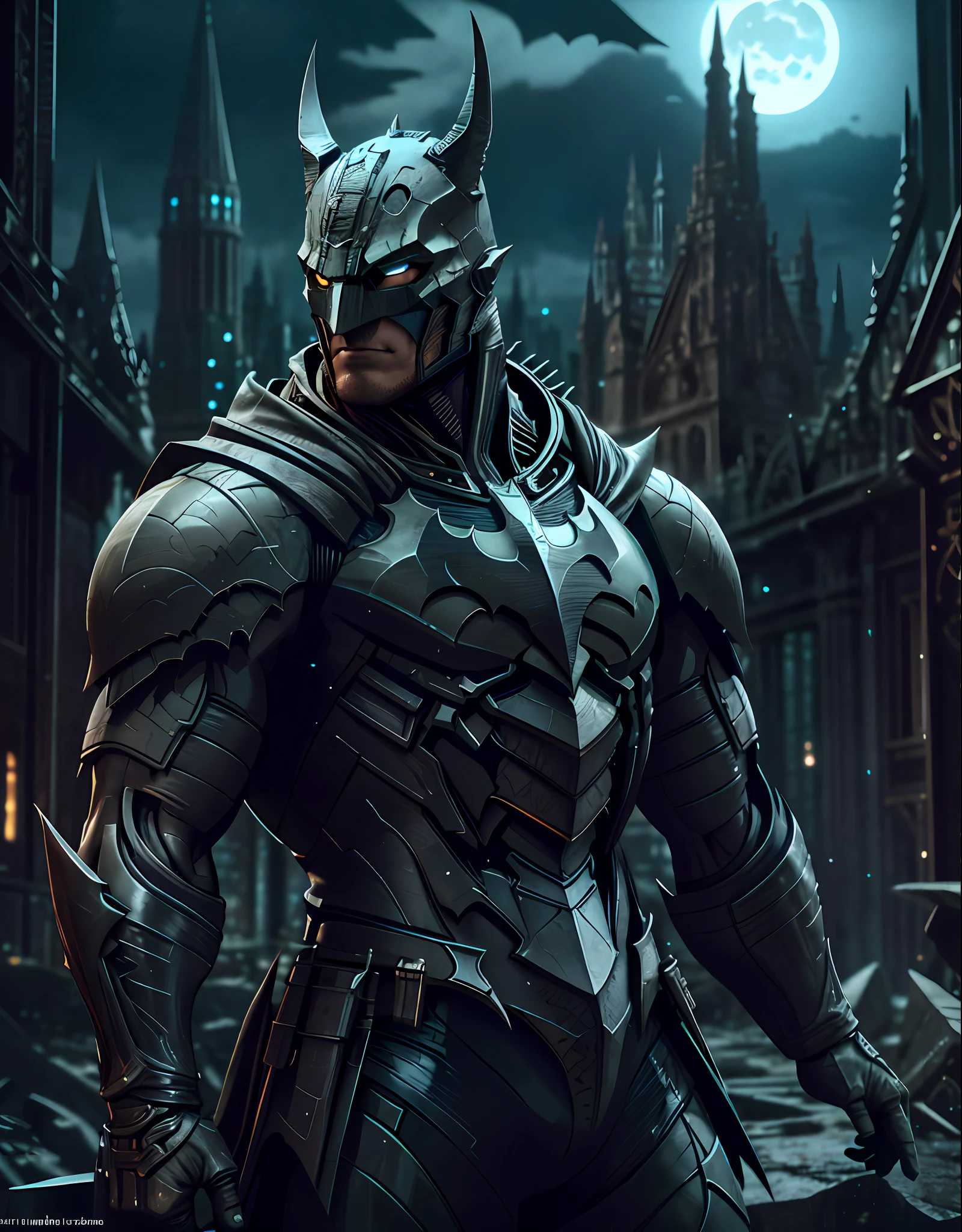 Batman from the dark knight stands imposing in a gothic lost city. Moonlight highlights your muscles and scars. The scenery is lush and mysterious, with futuristic tech and surroundings. The camera details everything, a warrior woman, in front of him.