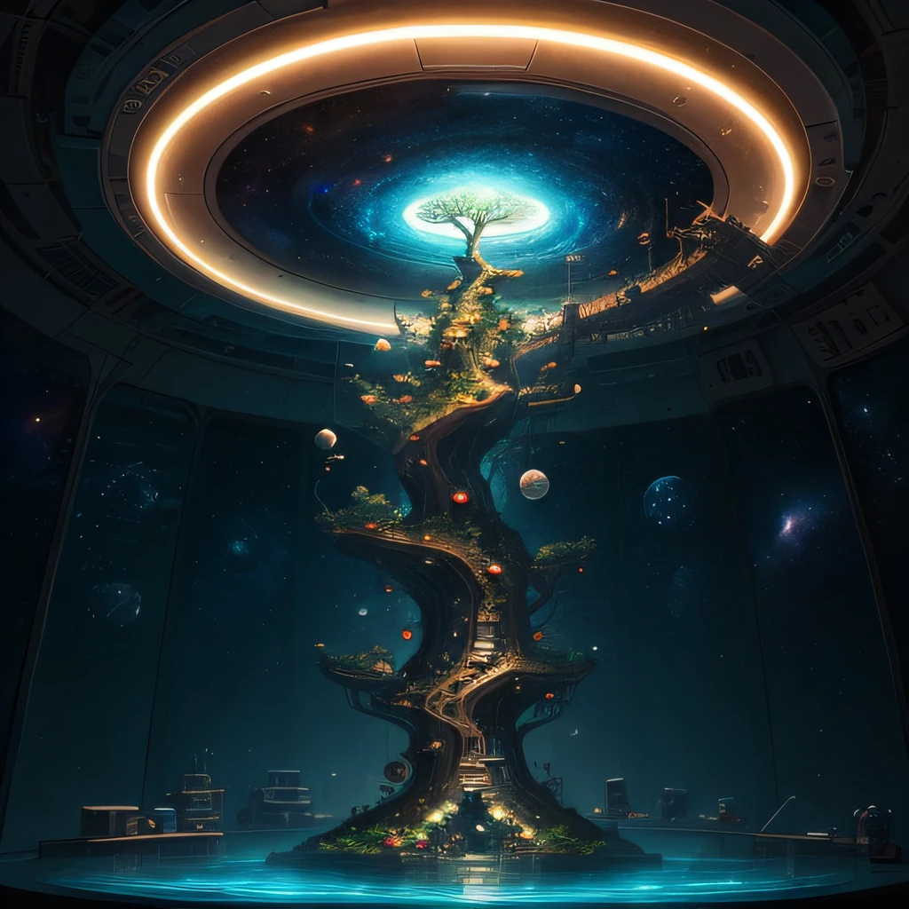 Um laboratorio sci-fi, com uma arvore no centro muito alta, The lab is round., e tem quatro saidas, muitos detalhes, futurista, laboratorio, futuro, clara boia, um lugar grande, agua em volta da arvore, mais detalhes nas paredes, nave espacial, space station.