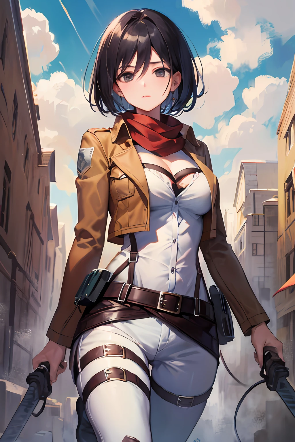 Mikasa, mature woman masterpiece, best quality, highres, short hair, black eyes, scarf, emblem, belt, thigh strap, red scarf, white pants, brown jacket, long sleeves,button, cleavage, large breast holding weapon, sword, dual wielding, three-dimensional maneuver gear, spread arms, standing on one leg, wide shot, sky, highest quality, high resolution.