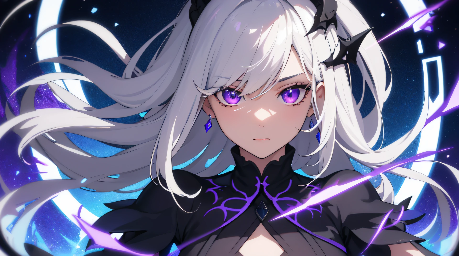 (masterpiece, best quality, ultra-detailed, best shadow), (detailed background,dark fantasy), (beautiful detailed face), high contrast, (best illumination, an extremely delicate and beautiful), ((cinematic light)), colorful, hyper detail, dramatic light, intricate details, (1girl, solo,white hair, sharp face,purple eyes, hair between eyes,dynamic angle), blood splatter, swirling black light around the character, depth of field,black light particles,(broken glass),magic circle,