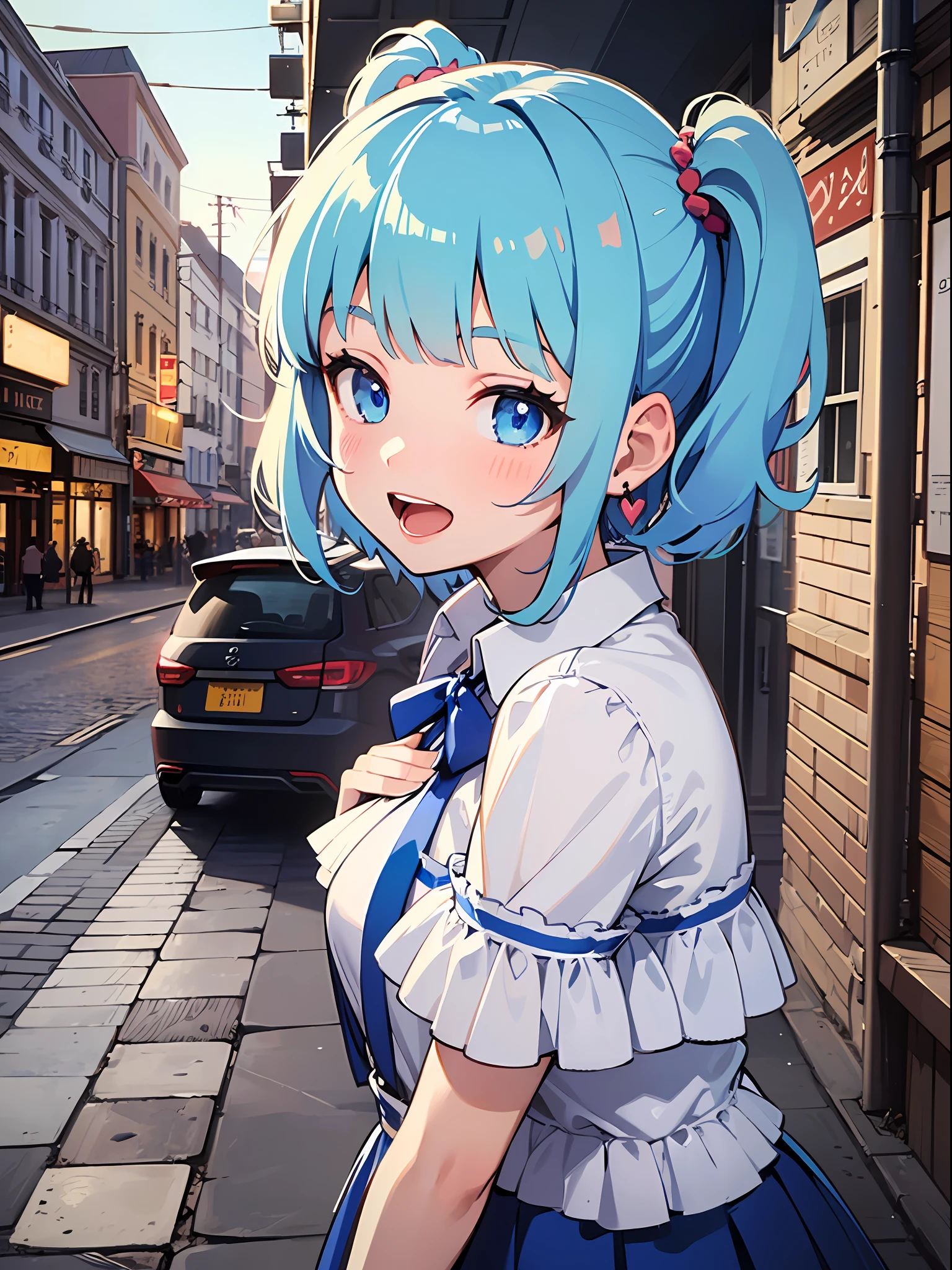 (masterpiece:1.3), (best quality:1.3), high resolution, 


couboy shot, 
leaning forward, 

(one cute girl:1.3), solo, 
white skin, small Breast, eight-headed person, 
(twin tailed hair:1.2), light blue hair, (short hair:1.1), (blunt bangs:1.2), beautiful hair, blue eyes, beautiful detailed eyes, 

blush, open mouth, heart, cheerful smile, 

blue check skirt, one piece dress, frill, white and blue clothes, earrings, 

outdoors, busy street, 

shadowlighting,