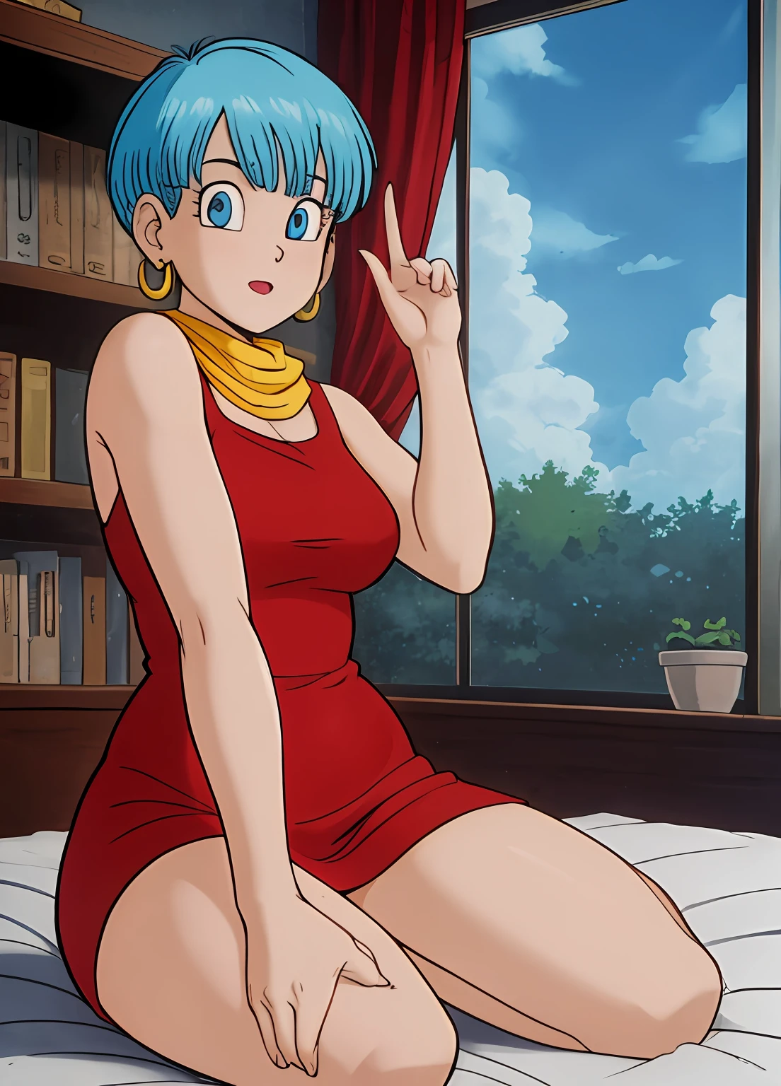 masterpiece, best quality, highest quality, (photorealistic),  perfect anatomy, perfect face, perfect eyes,
bulmadbzreddress, aqua hair, red dress, short hair,  blue eyes, yellow scarf,  sleeveless, earrings, sexy pose, 1girl, on bed, lying, lying on bed, sexy pose