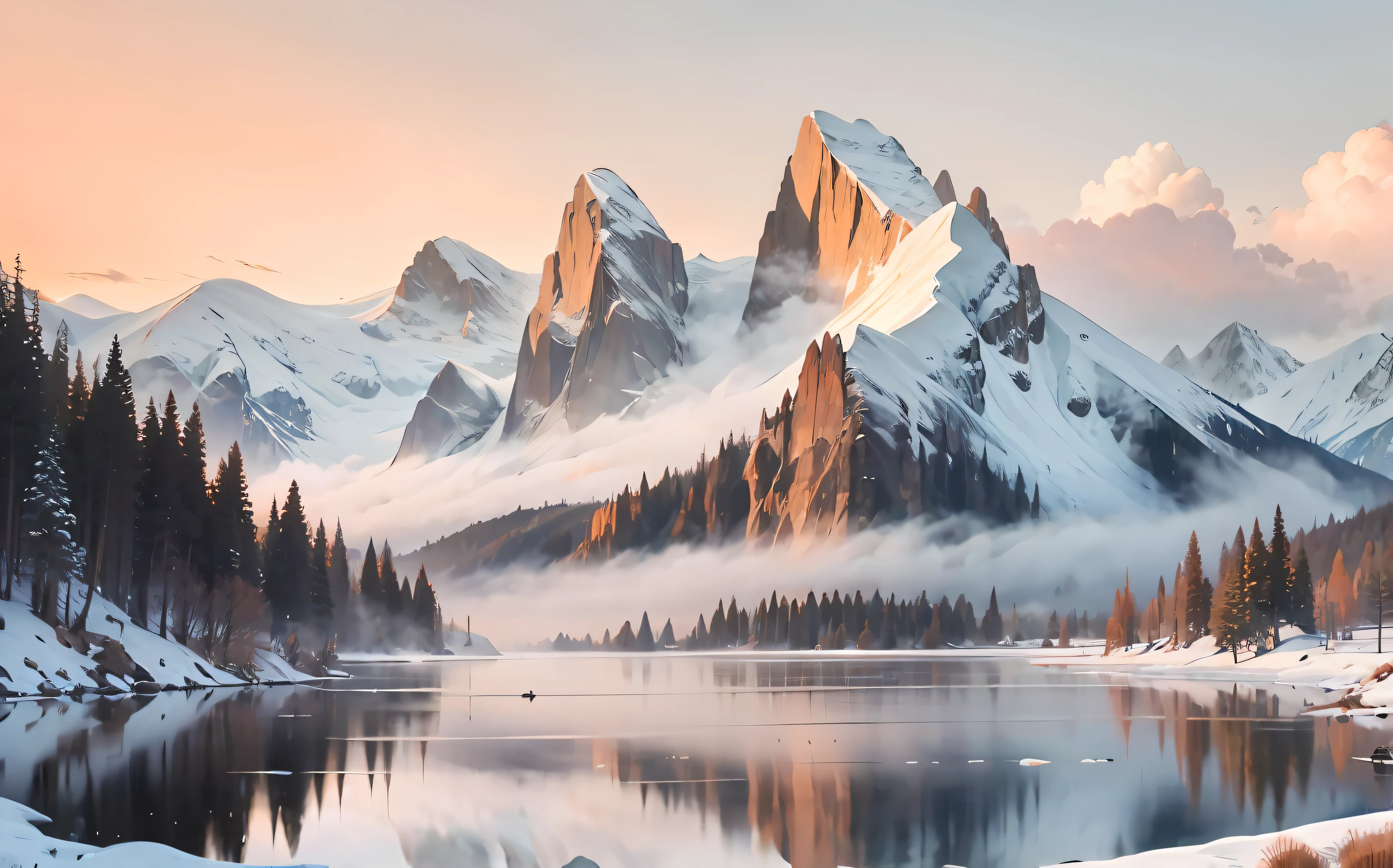 This is a beautiful computer wallpaper that shows the enchanting scenery. The picture shows a tranquil lake, the water of which is calm and crystal clear like a mirror. The emerald green meadows by the lake are dotted with gorgeous flowers, and colorful flowers sway in the breeze, giving off a charming fragrance. On the other side of the lake is a spectacular mountain range with towering peaks and mist enveloping the peaks. The steep and majestic mountains act as a barrier to protect the tranquility of the lake. The contours of the mountains are smooth, and the snow on the top of the mountains shimmers silvery white in the sunlight, giving it a sacred and majestic feeling. The sky is blue without a hint of clouds. The sun is rising behind the mountains, shooting a warm glow that illuminates the entire landscape. There is still a faint orange-red glow in the distant sky, as if it still tells the beauty of the dawn. The whole picture conveys tranquility, mystery and natural beauty. This computer wallpaper makes people feel relaxed and peaceful, every time you turn on the computer, it is like entering a perfect world that has nothing to do with earthly troubles, realistic style, master works, 16K, super high resolution.