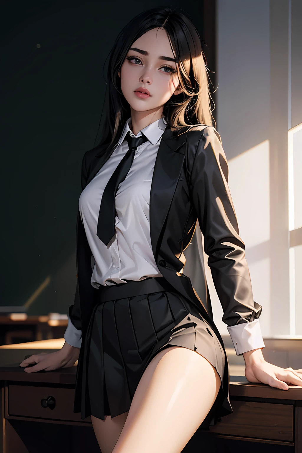 (extremely detailed CG unity 8k wallpaper), (masterpiece), (best quality), (ultra-detailed), (best illustration), (best shadow), (photorealistic:1.4),real human skin, lens flare, shade, backlighting, depth of field, natural lighting, hard focus, film grain, ntsw, 1 dark tint girl, 18 yo, solo, skinny, school uniform, white shirt, black long tie, black skirt, pale skin, soft lips, (light eyebrow:1.4), brown eyes, black long straight hair, (small breasts), in classroom