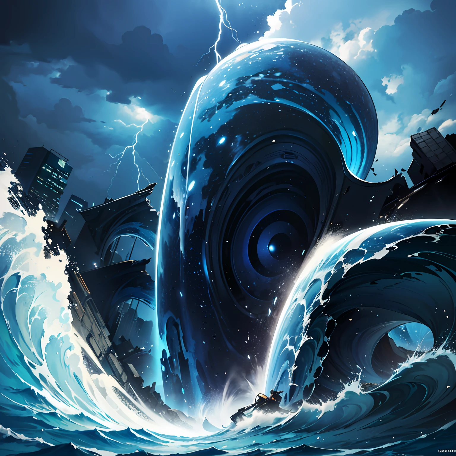 (mind-blowing), best quality, ultra-detailed, fantastic, (a giant wave)+city destruction, dynamic angle, high waves, dark skies, lightning, thunder, rain, stormy weather, chaos, destruction, crushed buildings, (people fleeing), drama, powerful and awe-inspiring --auto