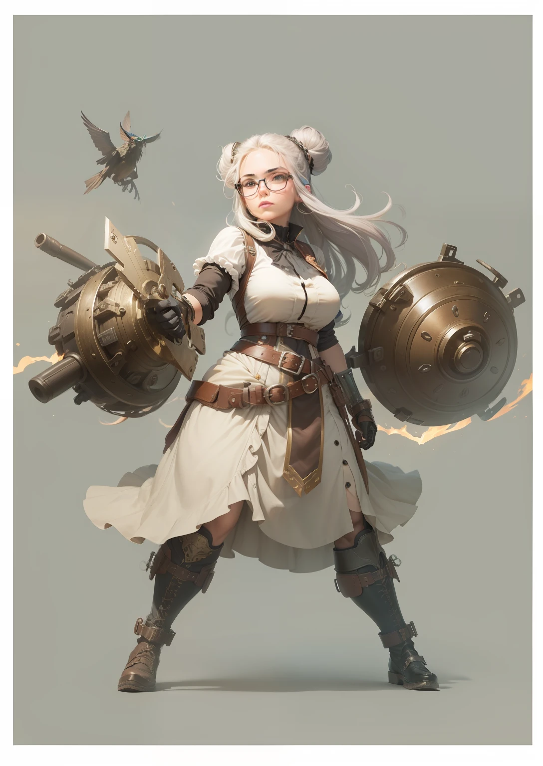 She's a middle-aged woman, median height and athletic build;, uma prova de seu estilo de vida ativo. Seu cabelo ruivo ardente, com mechas prateadas, is usually pulled up in a random bun, with locks of hair escaping around his face and a pair of glasses usually pushed up on his forehead. His emerald green eyes sparkle with curiosity and determination.

His attire is a mix of practicality and style, refletindo seu status como a principal engenheira da cidade. She typically wears a tight moss green vest with brass buttons over a cream blouse, with sleeves rolled up to the elbows. A variety of tools are hidden in your pockets or hung from the brown leather utility belt attached to your waist. A skirt to the floor in sepia tones, puxada para cima de um lado para revelar botas de couro resistentes e amarradas, completa seu conjunto. Ela tem uma queda por luvas, geralmente usando um par de luvas sem dedos feitas de couro macio, so she can handle her intricate tools and machines with ease.

Luna always has a variety of devices with her – devices infused with bright blue hex from her own invention, que ela usa tanto em seu trabalho quanto para autodefesa. She never runs out of her mechanical gear arm, A marvel of Aetherpunk technology she designed and built after an unfortunate lab accident. The prosthetic arm serves as a symbol of its magical power, His gears and joints are a testament to his mastery over his craft.

with its imposing presence, Luna irradia a energia de uma verdadeira pioneira, his steampunk aesthetic