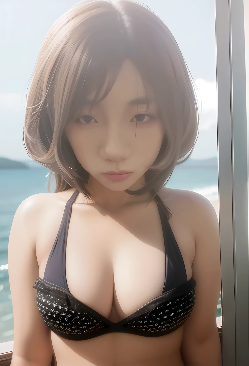 arafed asian woman in a black bikini posing for a picture, Realistic young gravure idol, Yoshitomo Nara, sakimichan hdri, anaglyph effect ayami kojima, [ 4 K photorealism ]!!, Young sensual gravure idol, sophisticated gravure idol, bust view, young pretty gravure idol