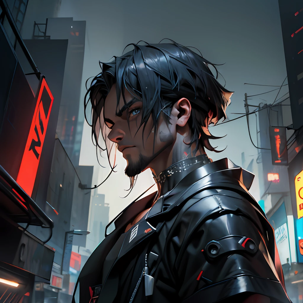 Um homem de 30 anos, barba grande e cabelos grandes e preto, cyberpunk, foto de corpo inteiro, obra de arte.
