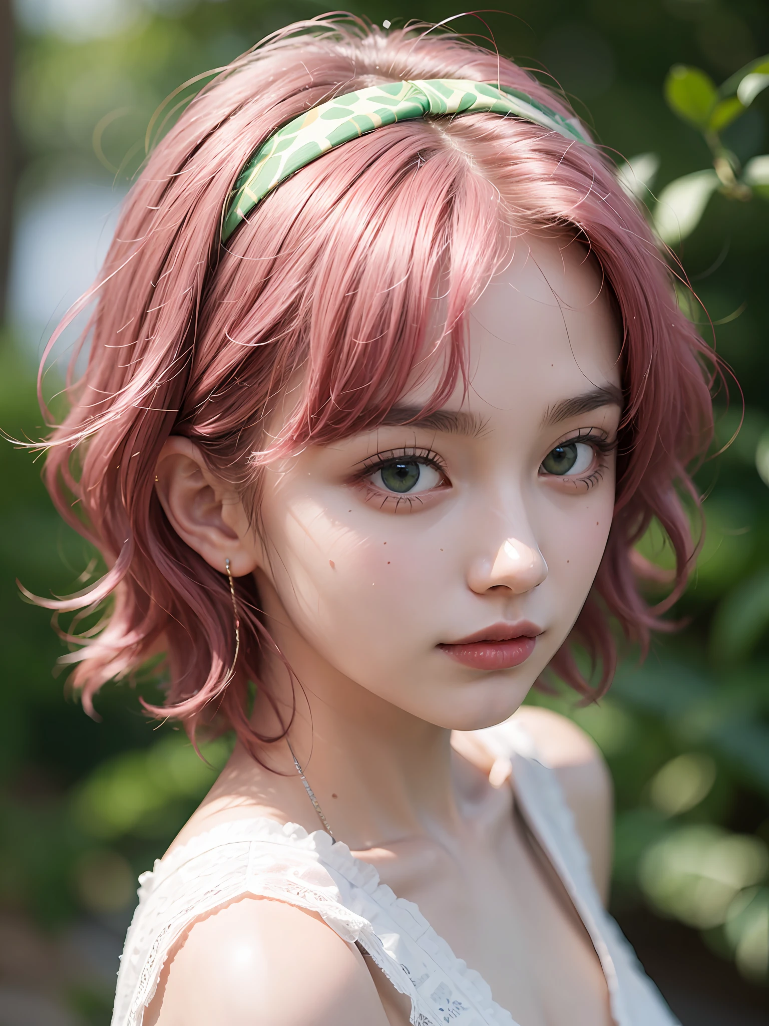 1woman, sedutive, masterpiece, white skin, pretty face, short hair, pink hair, green eyes, front view, oasis, red hairband