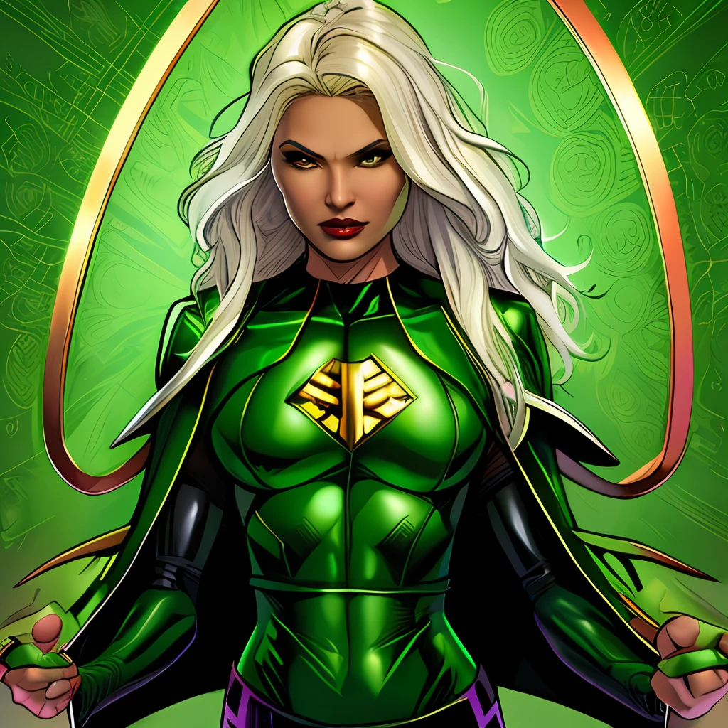 um close up de uma mulher em um traje verde com uma capa preta, sem texto, Um guerreiro esmeralda loiro, black canary, Commission for High Res, Superhero portrait, desenhado no estilo de artgerm, deviantart artstation cgscosiety, Fanart, lanterna verde, color digital illustration, commission art, com um manto verde, fan art, OC Commission