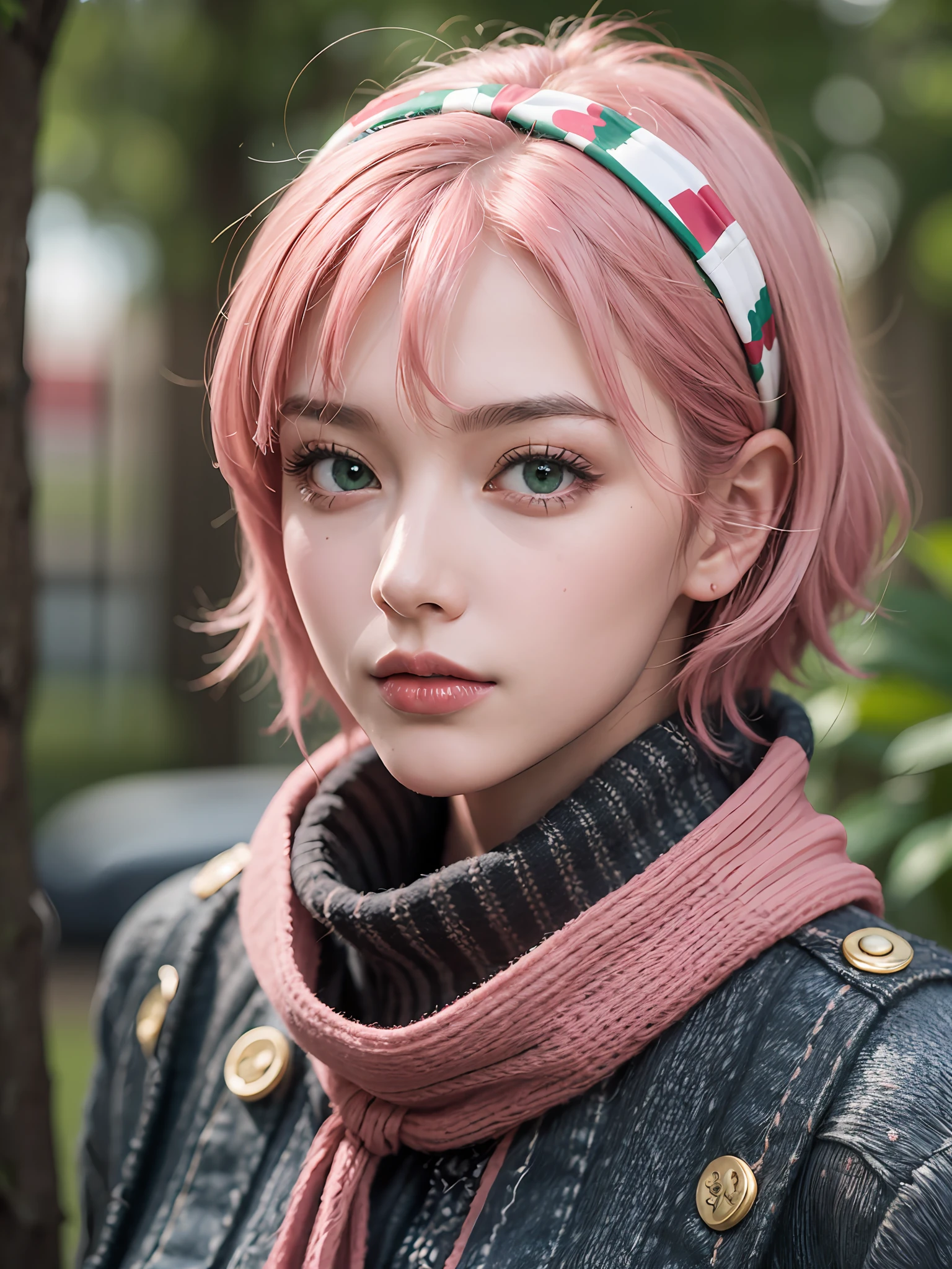1woman, sedutive, masterpiece, white skin, pretty face, short hair, pink hair, green eyes, front view, oasis, red hairband