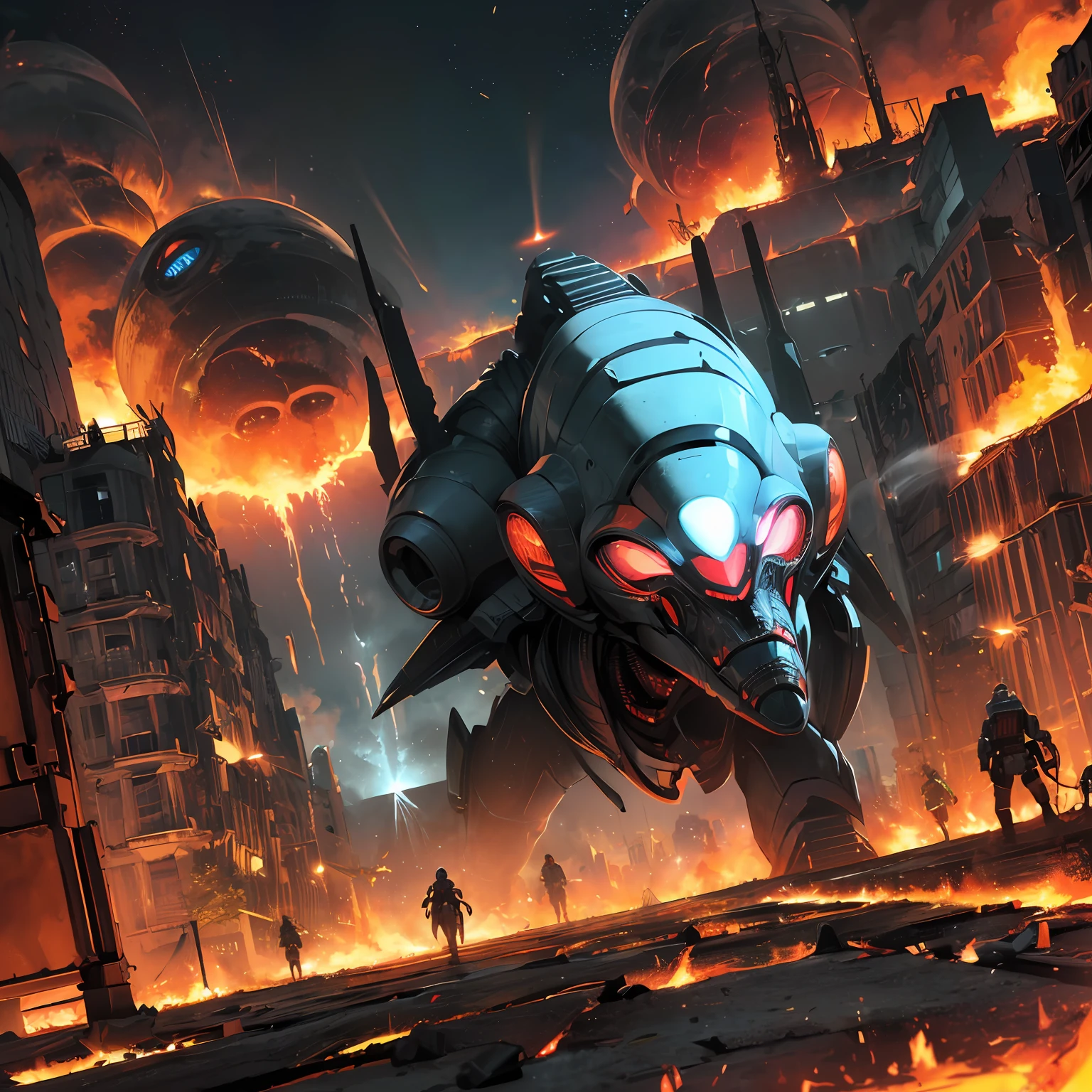 Best quality, ultra-detailed, cinematic, (large scale battle:1.2), futuristic cityscape, (alien spaceship attack:1.3), intense and dramatic, destruction and chaos, (emergency vehicles and sirens:1.1), (people fleeing:1.1), (smoke and fire:1.2), (flashing lights:0.9), epic scale, (high-angle viewpoint:1.1), (low-angle direction:1.1), intense color grading, (apocalyptic atmosphere:1.2). --auto