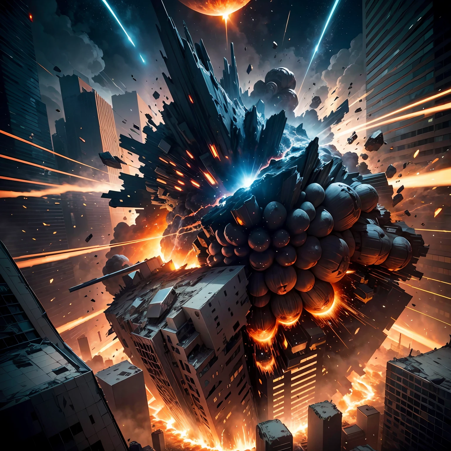 A meteorite crashing into a city, with a dynamic and chaotic composition, capturing the destruction and mayhem caused by the impact. --auto