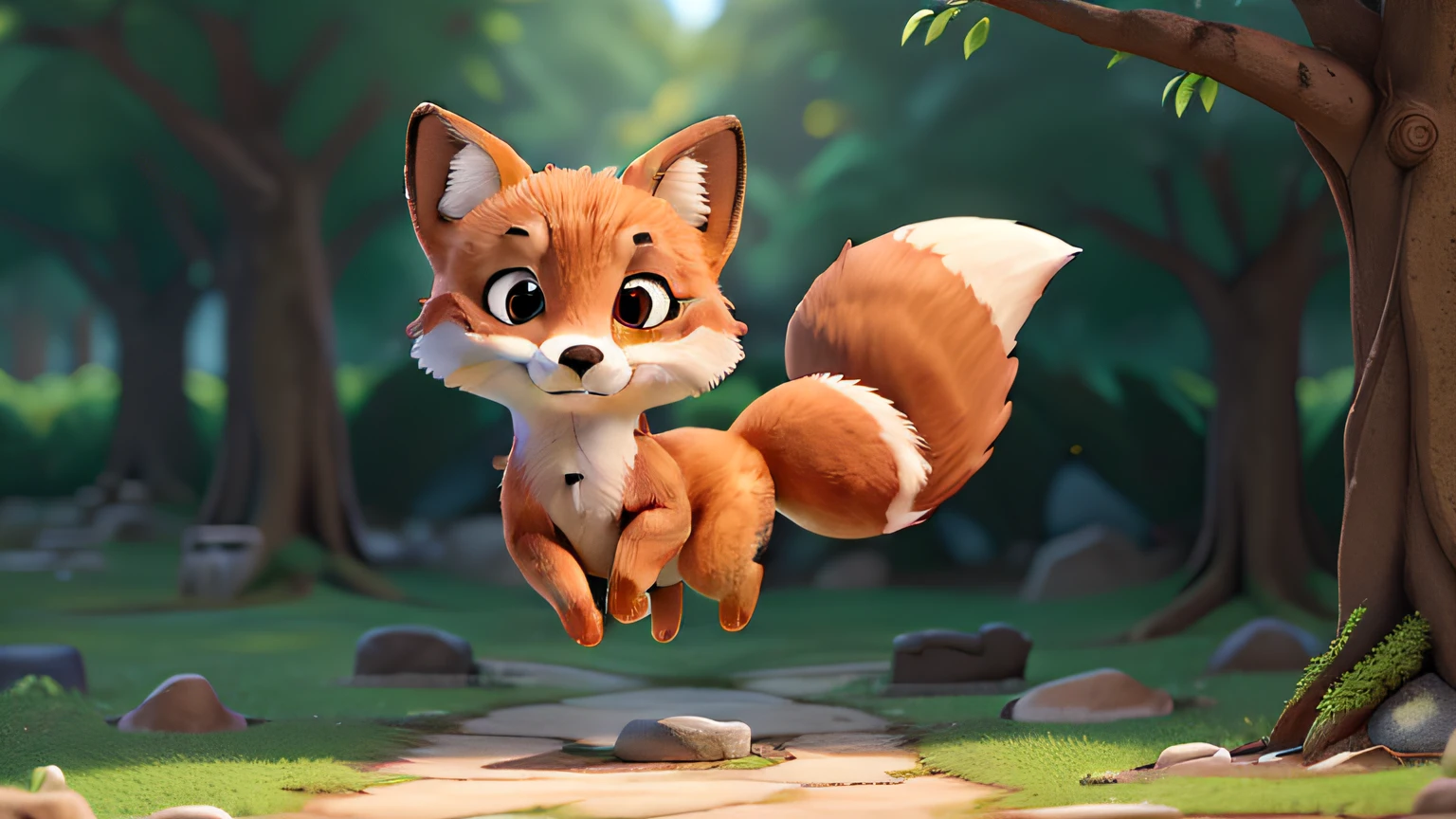 (A baby fox jumping through the trees, stones and sides with agility and grace.), ((Melhor qualidade)), ((obra-prima)), (detalhado: 1.4), 3D