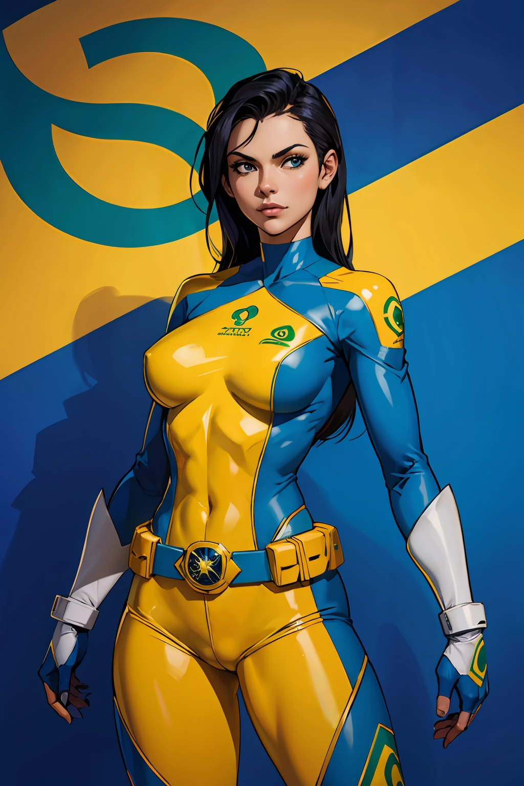 Brazilian woman Super Hero Green Yellow and Blue suit Brazil flag