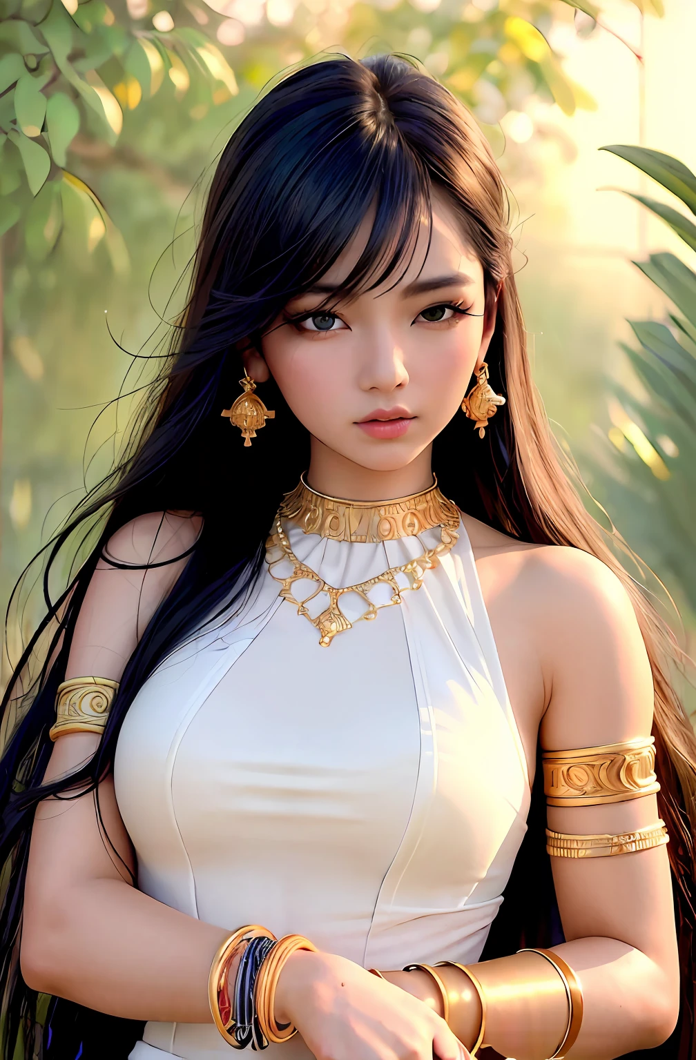 ((Realistic:1.5)),Ulzzang-6500:0.7,((Best quality)), ((Masterpiece)),((Detailed)),2girls,duo,{2 beautiful women}, (Upper body:1.3),Hug and touch each other, Tease your friend's waist, Breathless friends, Biting a friend's earlobe, crouched,super wide shot,Face focus, Long legs,Curvy, Barefoot,Wide hips, Thin legs, Oversized eyes,Long eyelashes, (Detailed face,beautidful eyes, detailedpupils,detailed clothes features, Clear background:1.3), (armlets, bangle:1.3), Mysterious ancient ruins, floresta exuberante, Deep canyon,bridge,River,cliff,Cloud,lakes,Rock music,Waterfalls, Flowers, Grass,grape trees,tree,bright detail,Sharp,Perfect compounding, Intricate, Sharp focus, Dramatic,